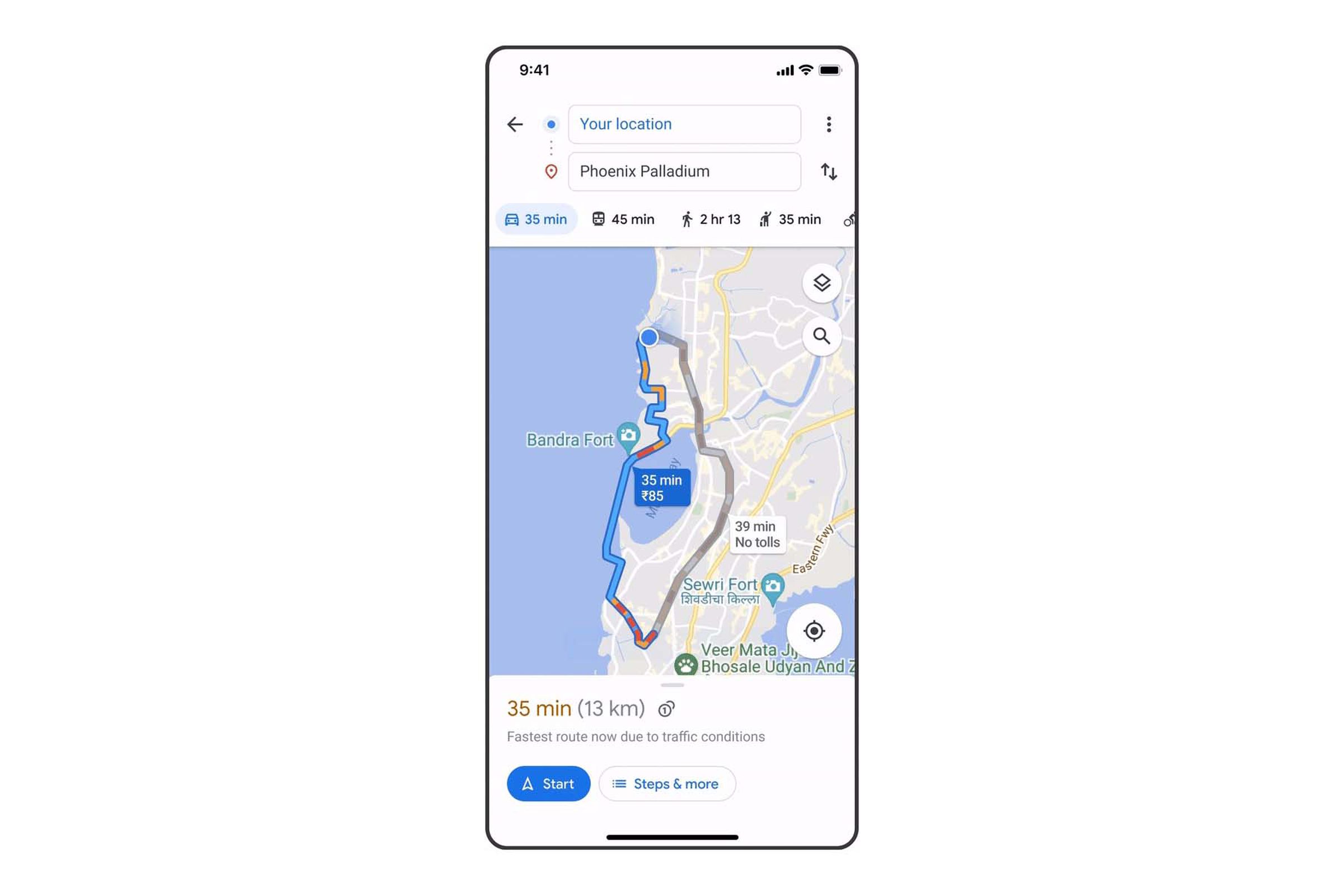 Google Maps’ toll estimates in action.