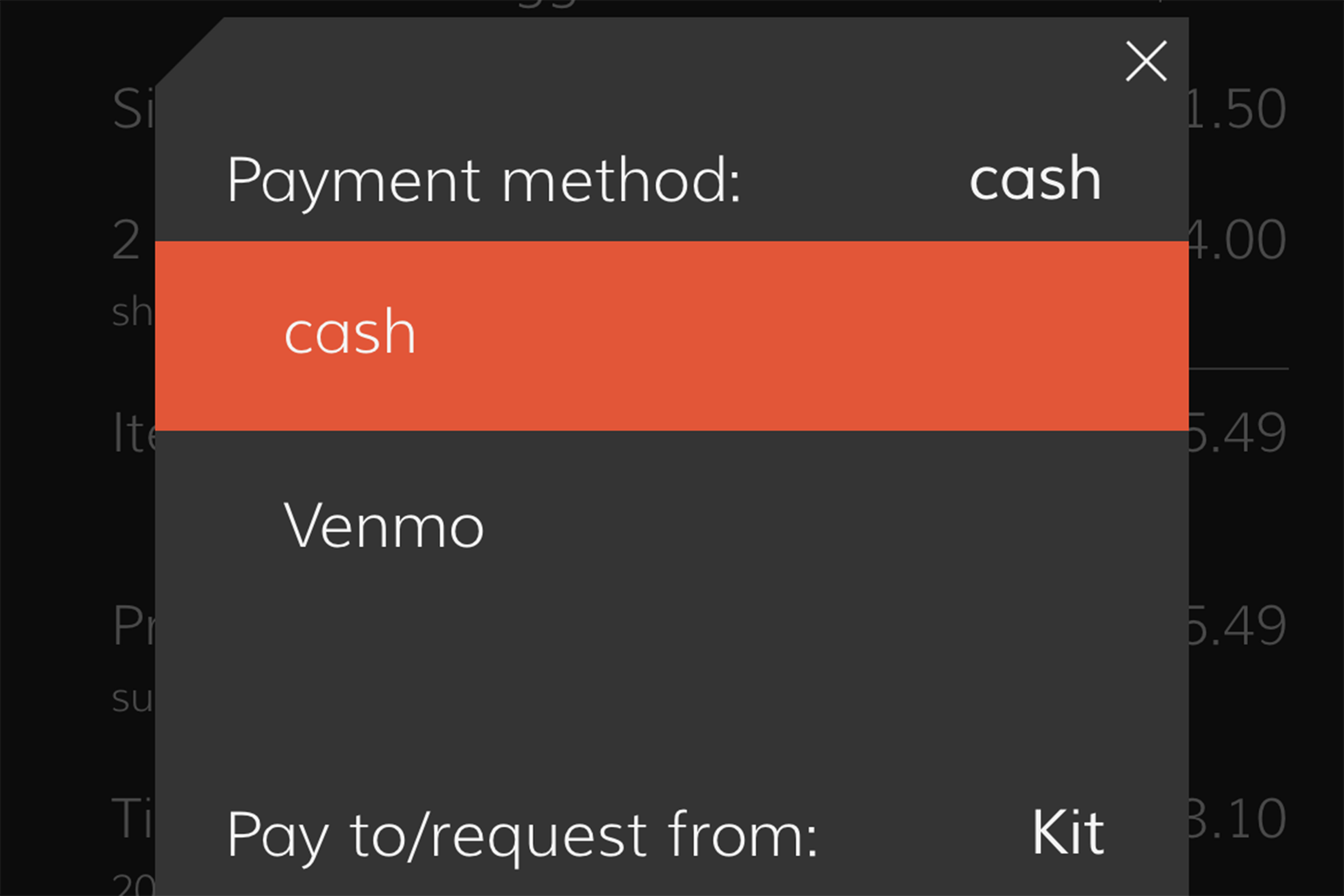Tab gives two options for payment: cash or Venmo.