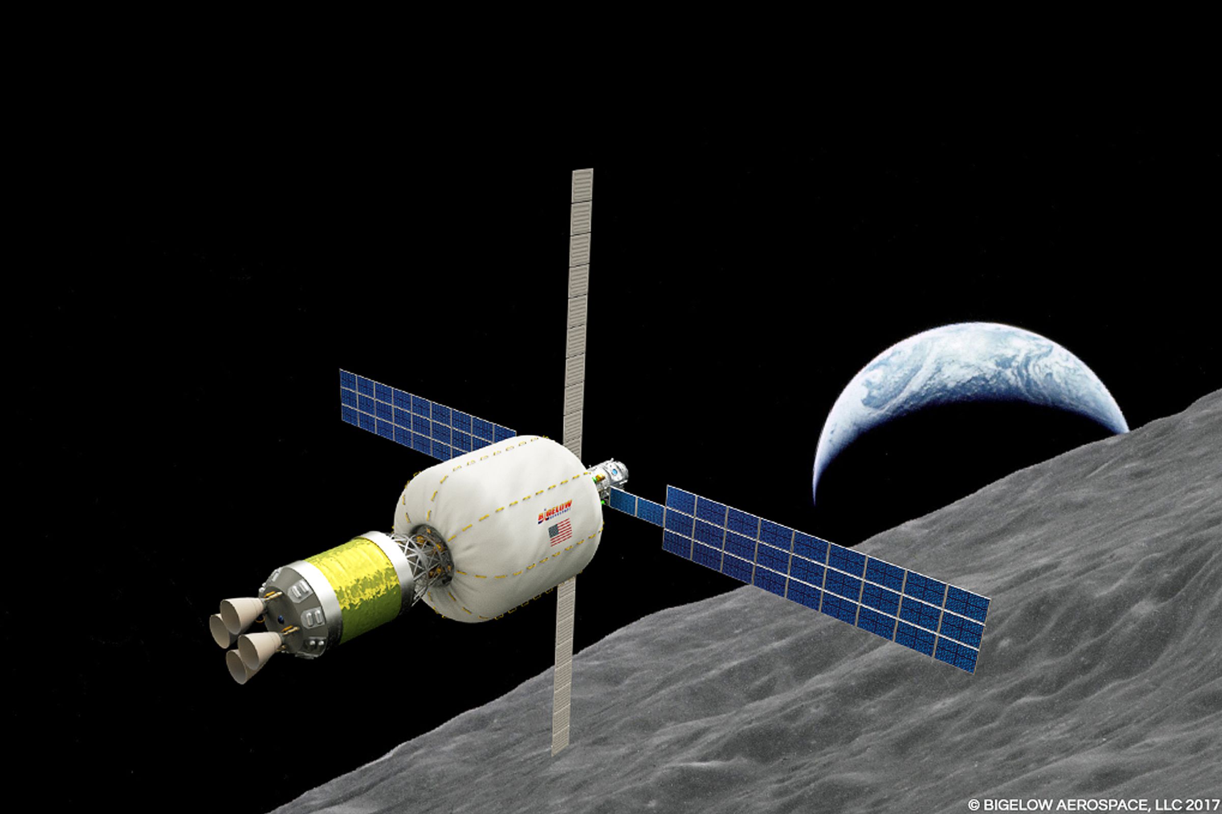 A rendering of Bigelow’s B330 module around the Moon.