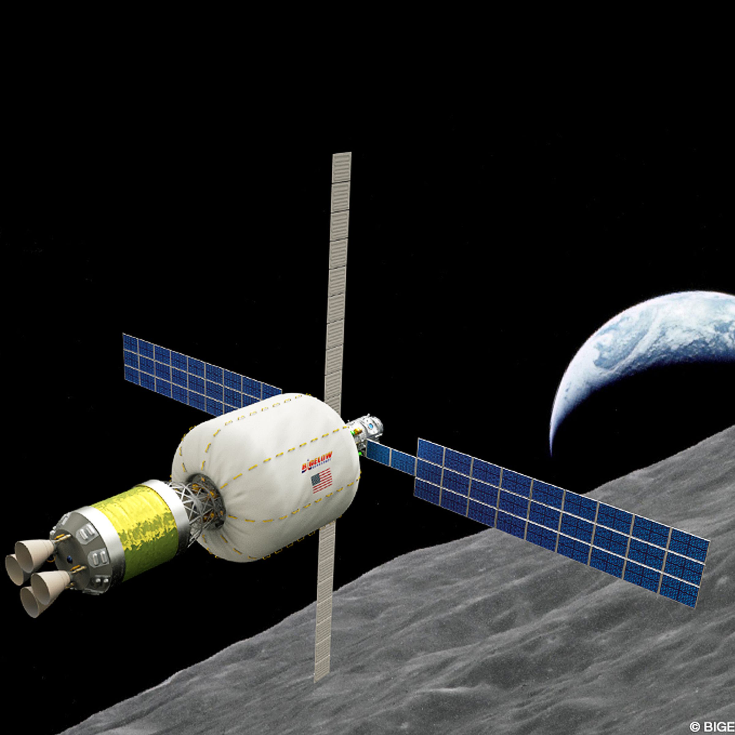 A rendering of Bigelow’s B330 module around the Moon.