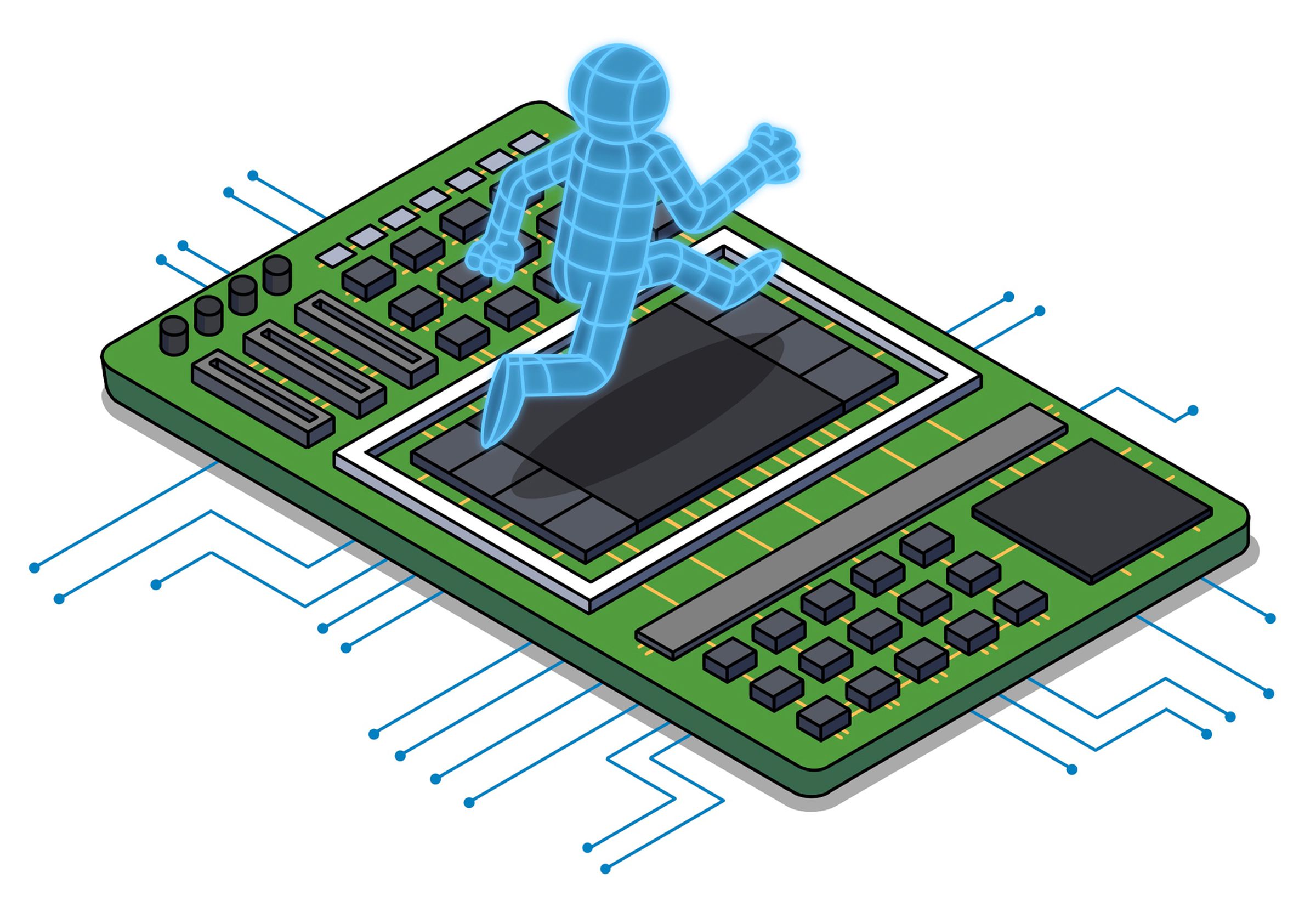 Illustration of wireframe figure running over a circuitboard.