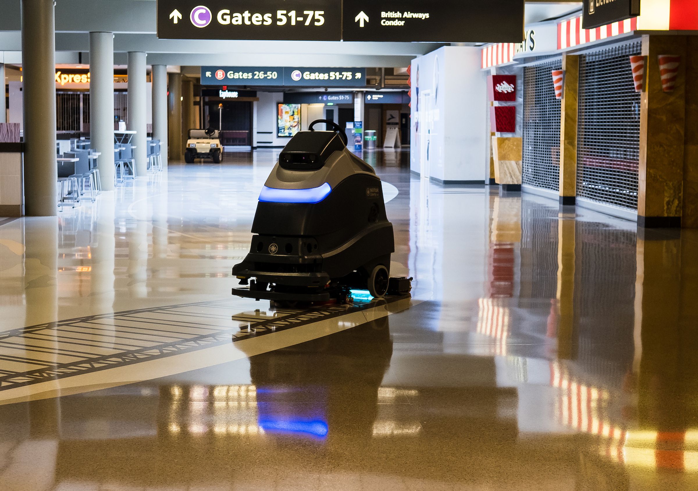 A UV robot cleaning floors at Pittsburgh International Airport.