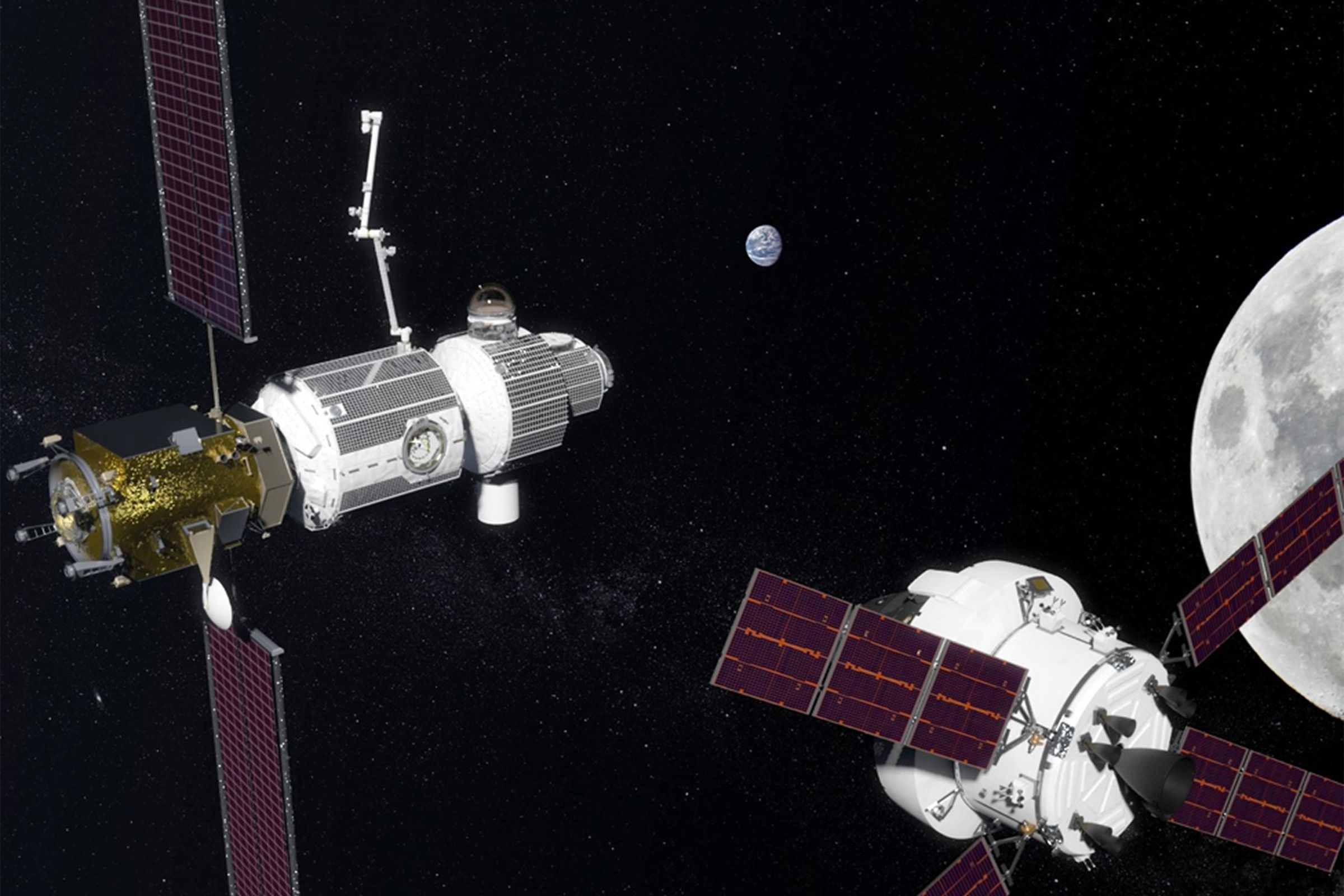An artistic rendering of NASA’s planned lunar station Gateway.