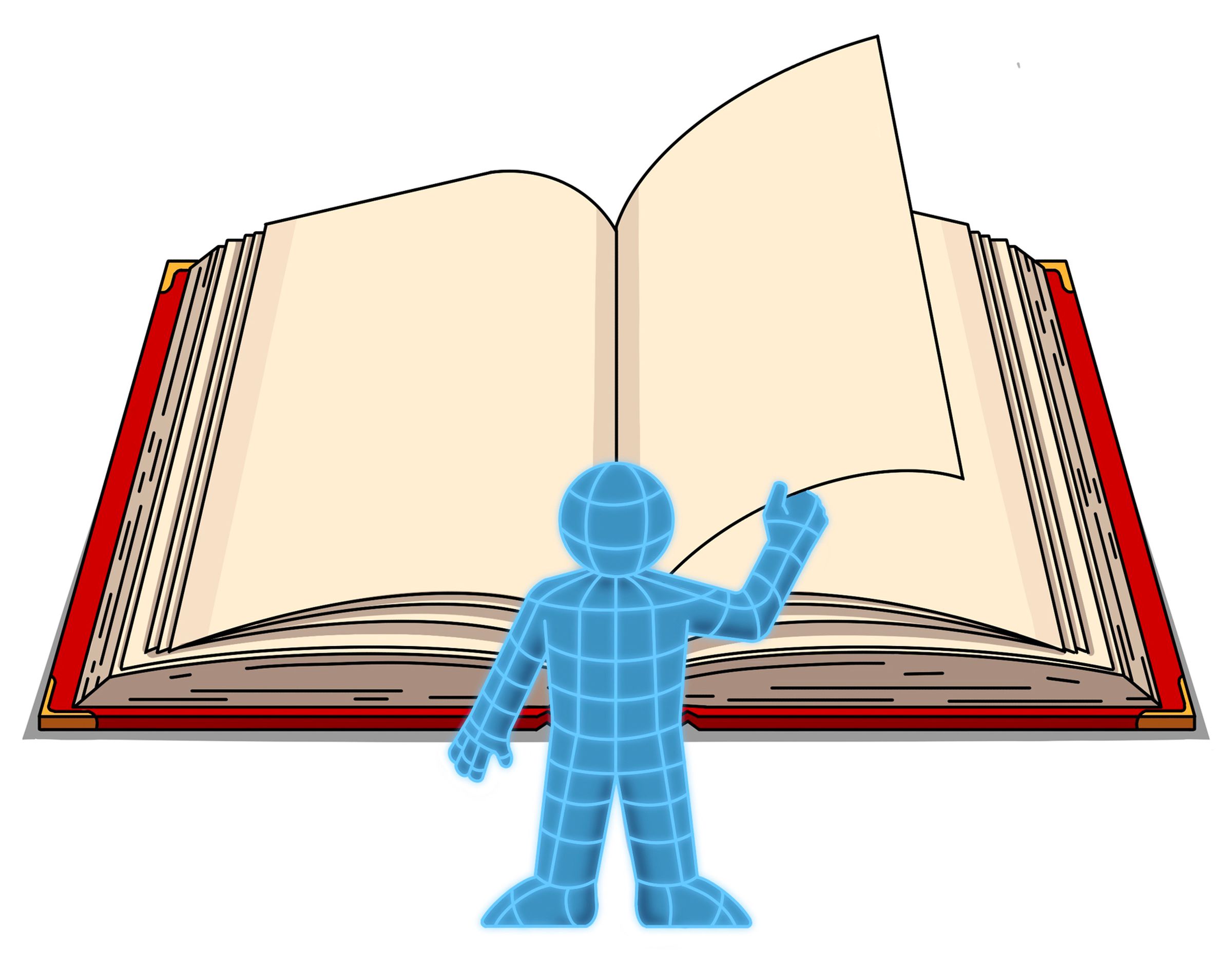 Illustration of wireframe figure flipping through the pages of a book.