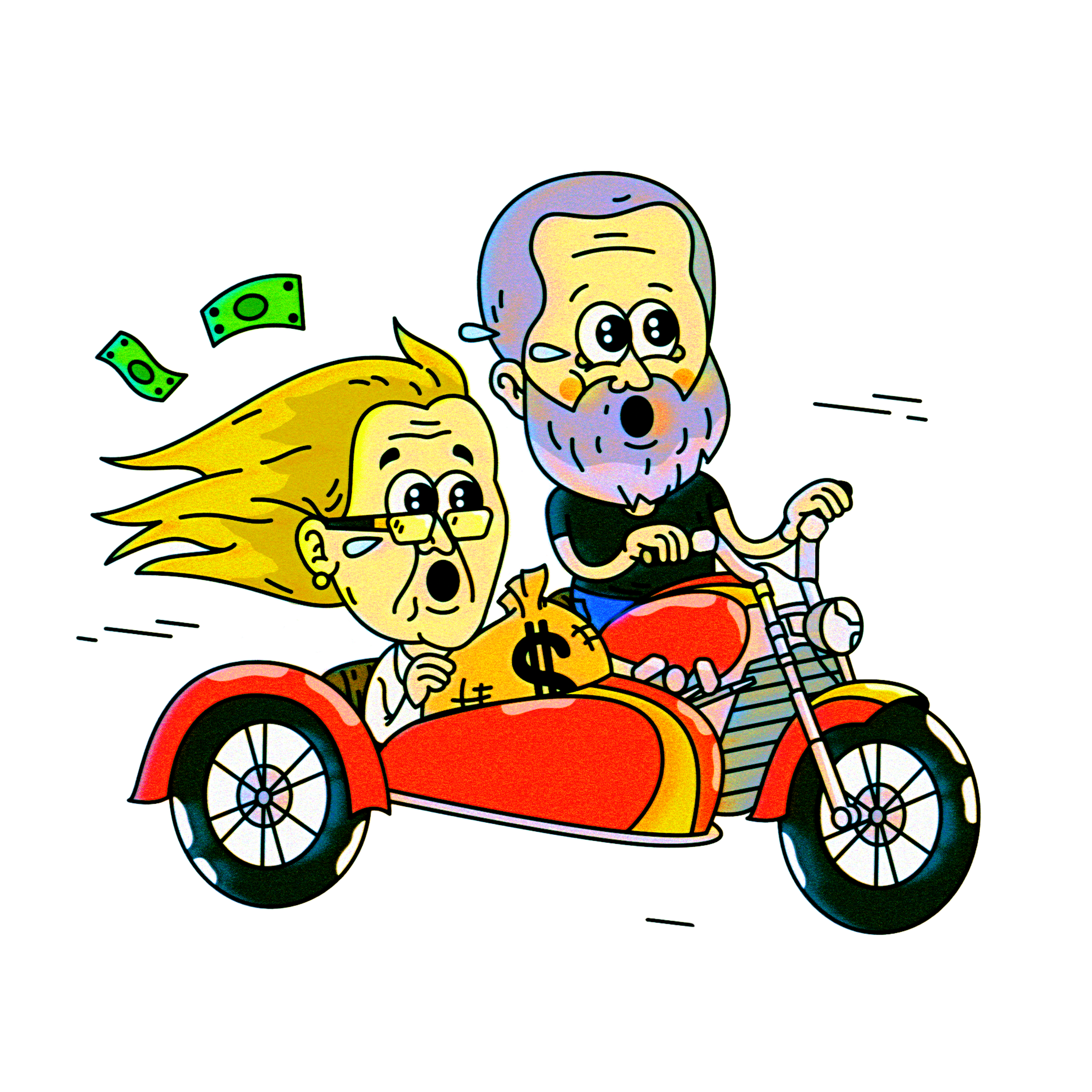 Cartoon of Shane Smith on a motorcycle with Nancy Dubuc in the sidecar, escaping with a bag of money. 