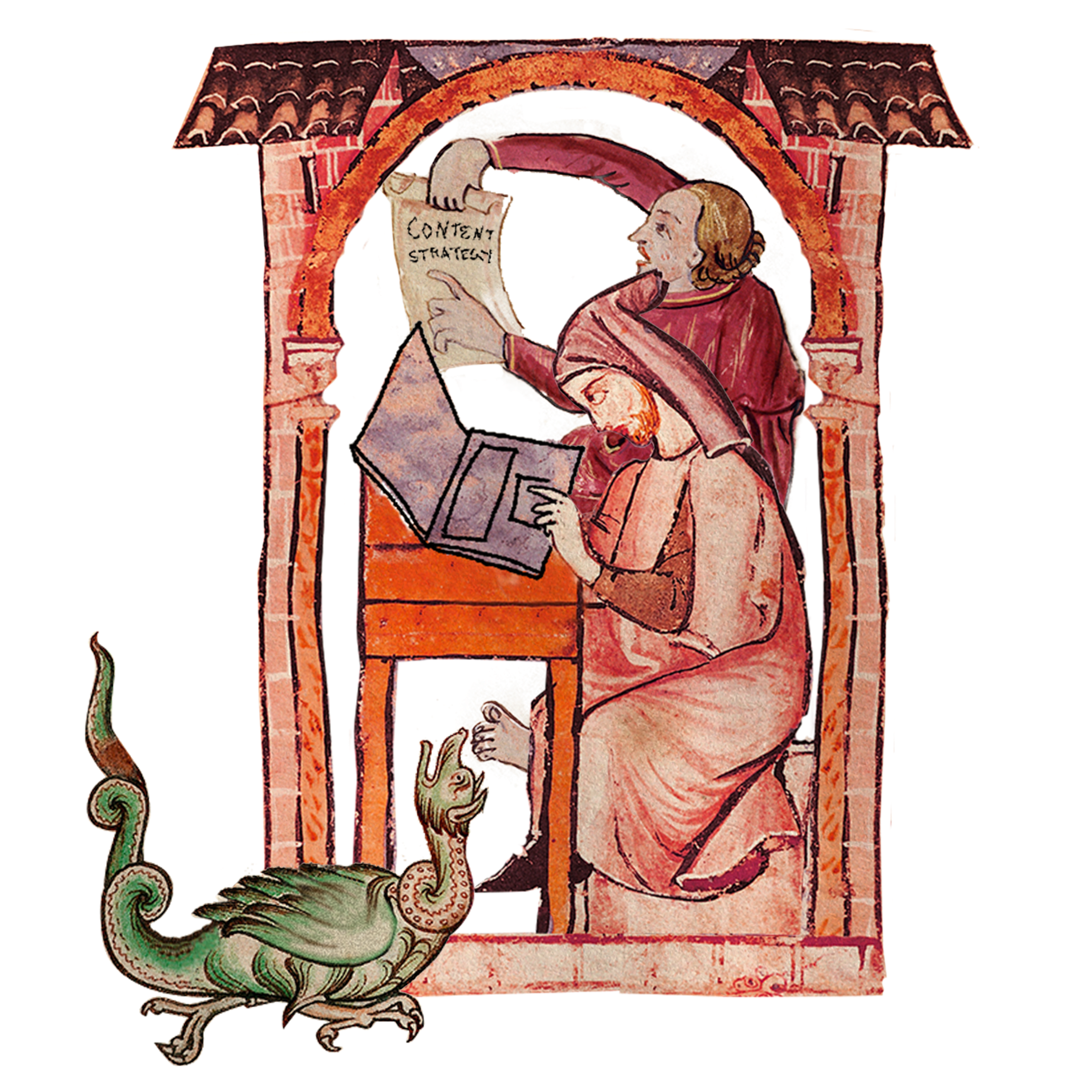 A drawing of medieval monk typing on a laptop. His editor is pointing to a scroll labeled “Content Strategy” and there is a strange creature running by.