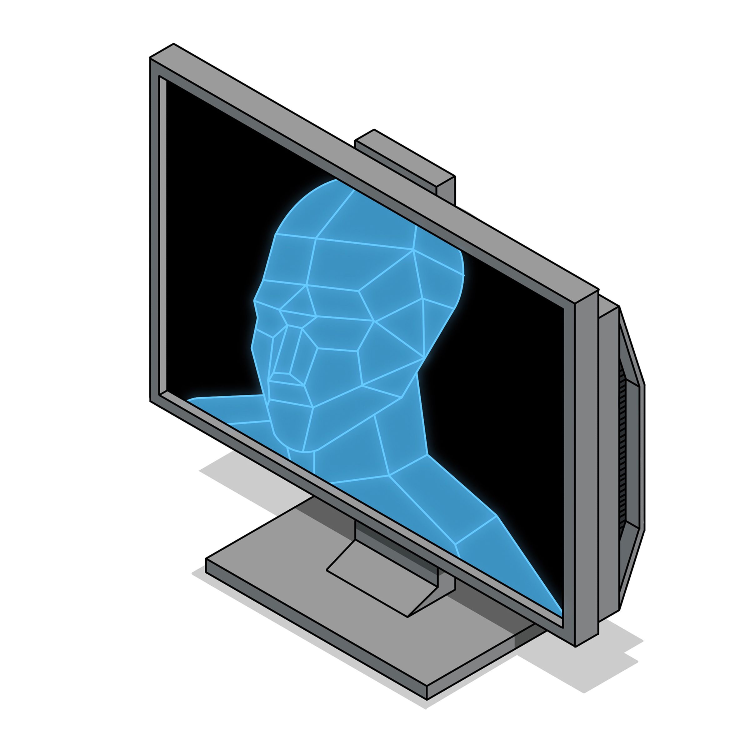 Illustration of wireframe figure inside a computer monitor.