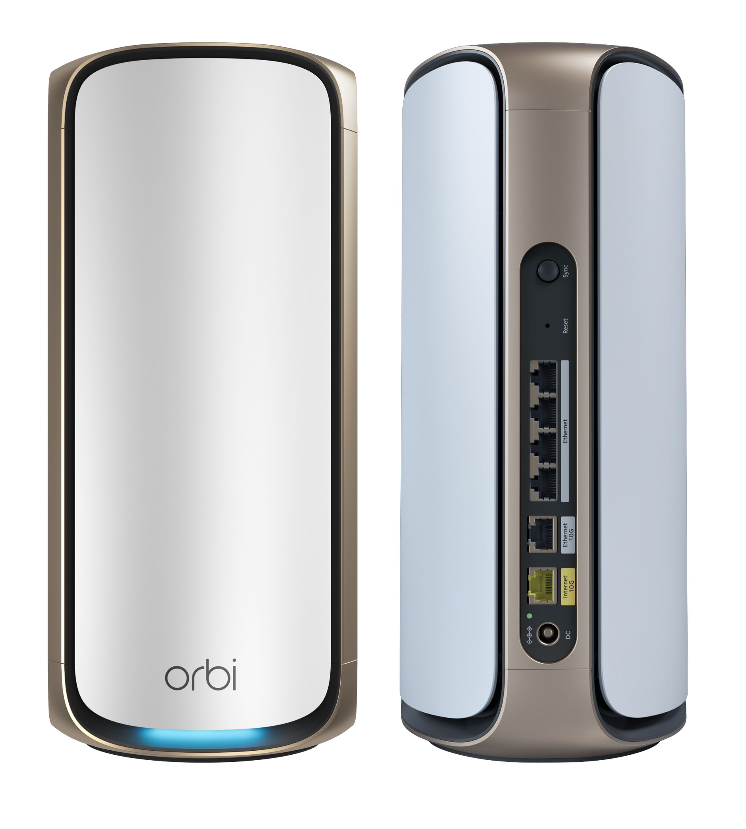 The Netgear Orbi 970 mesh system as seen from the front and rear.