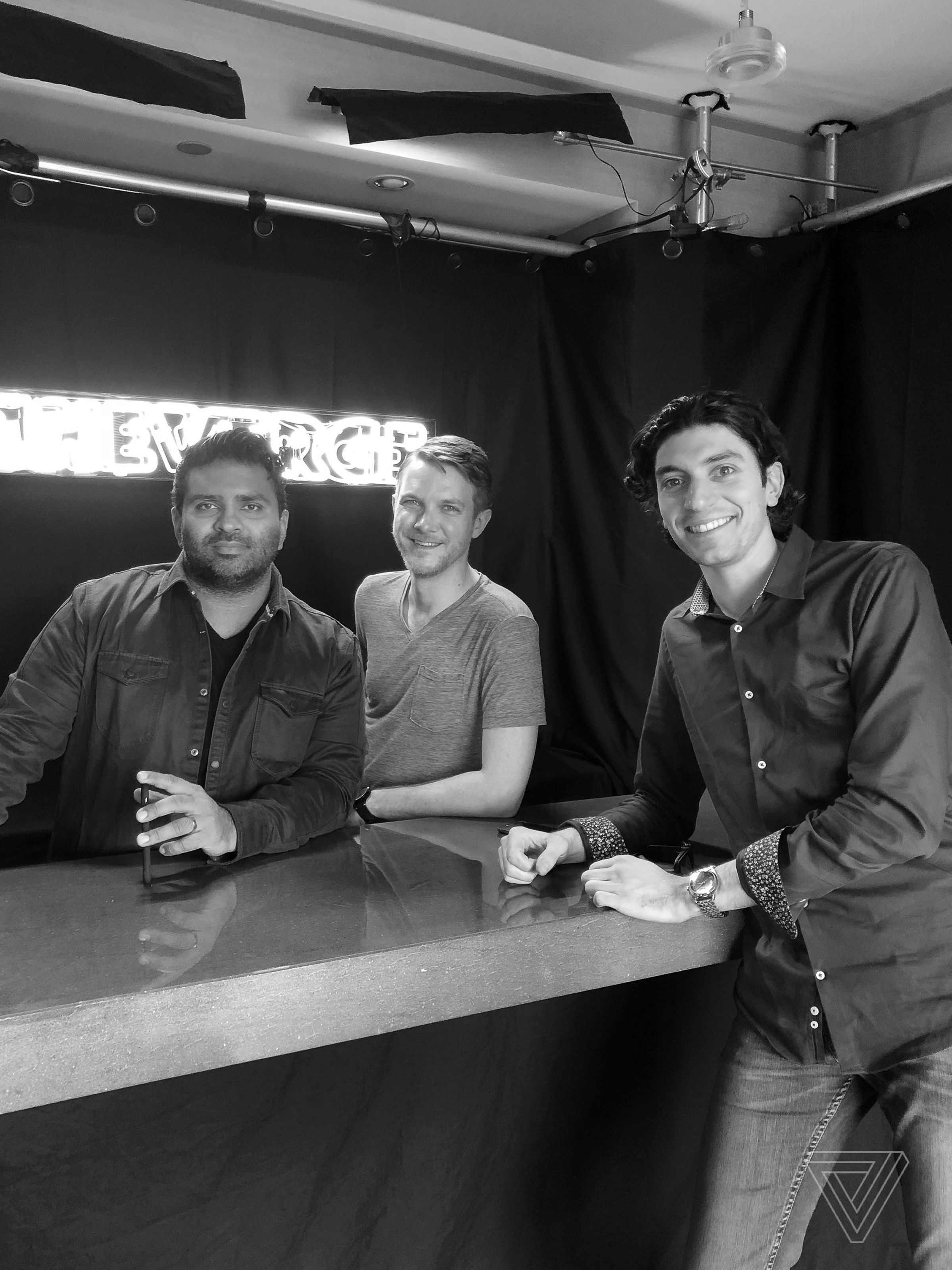 Nilay Patel, Dieter Bohn and Circuit Breaker live show producer, Creighton DeSimone on set for rehearsals. 