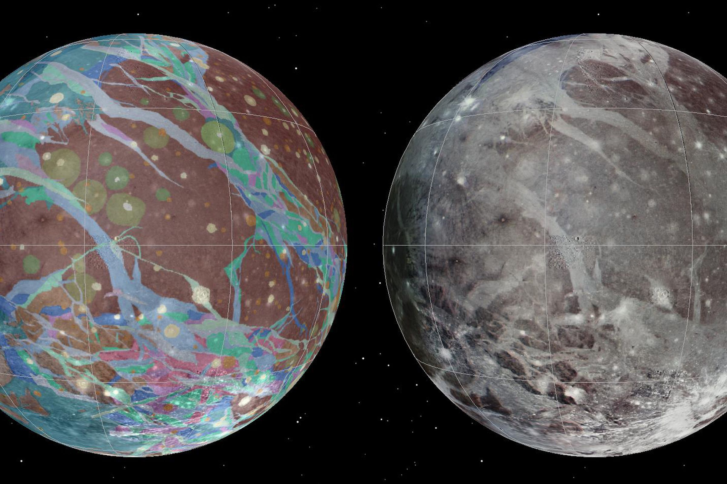 These images of Ganymede were constructed from imagery from NASA’s Voyager 1 and 2 and Galileo spacecraft