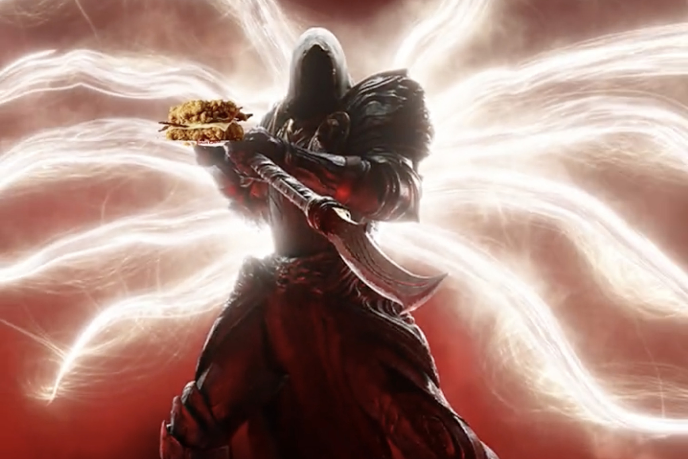 Image from a KFC promotional tweet featuring a Diablo IV character holding a KFC Double Down sandwich