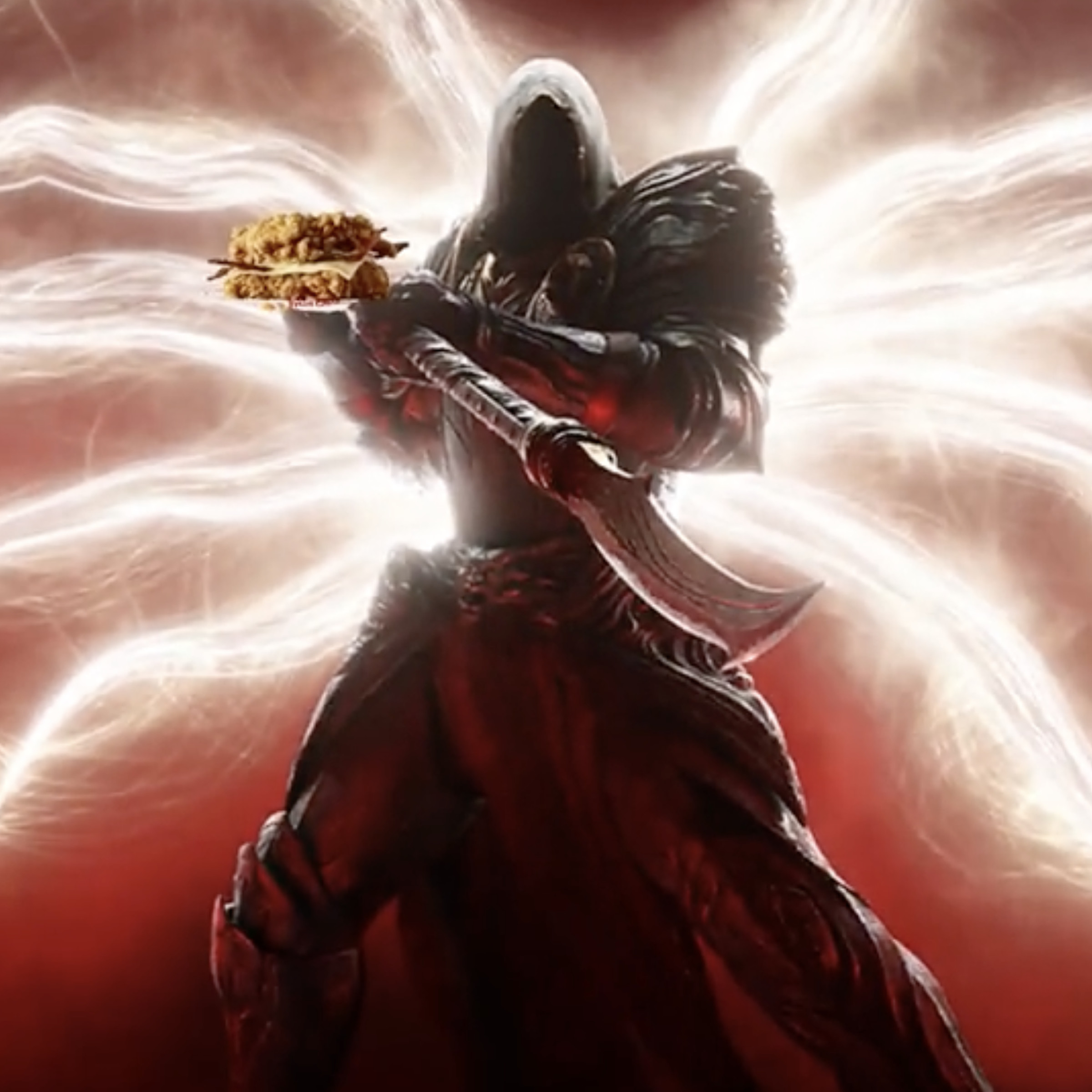 Image from a KFC promotional tweet featuring a Diablo IV character holding a KFC Double Down sandwich