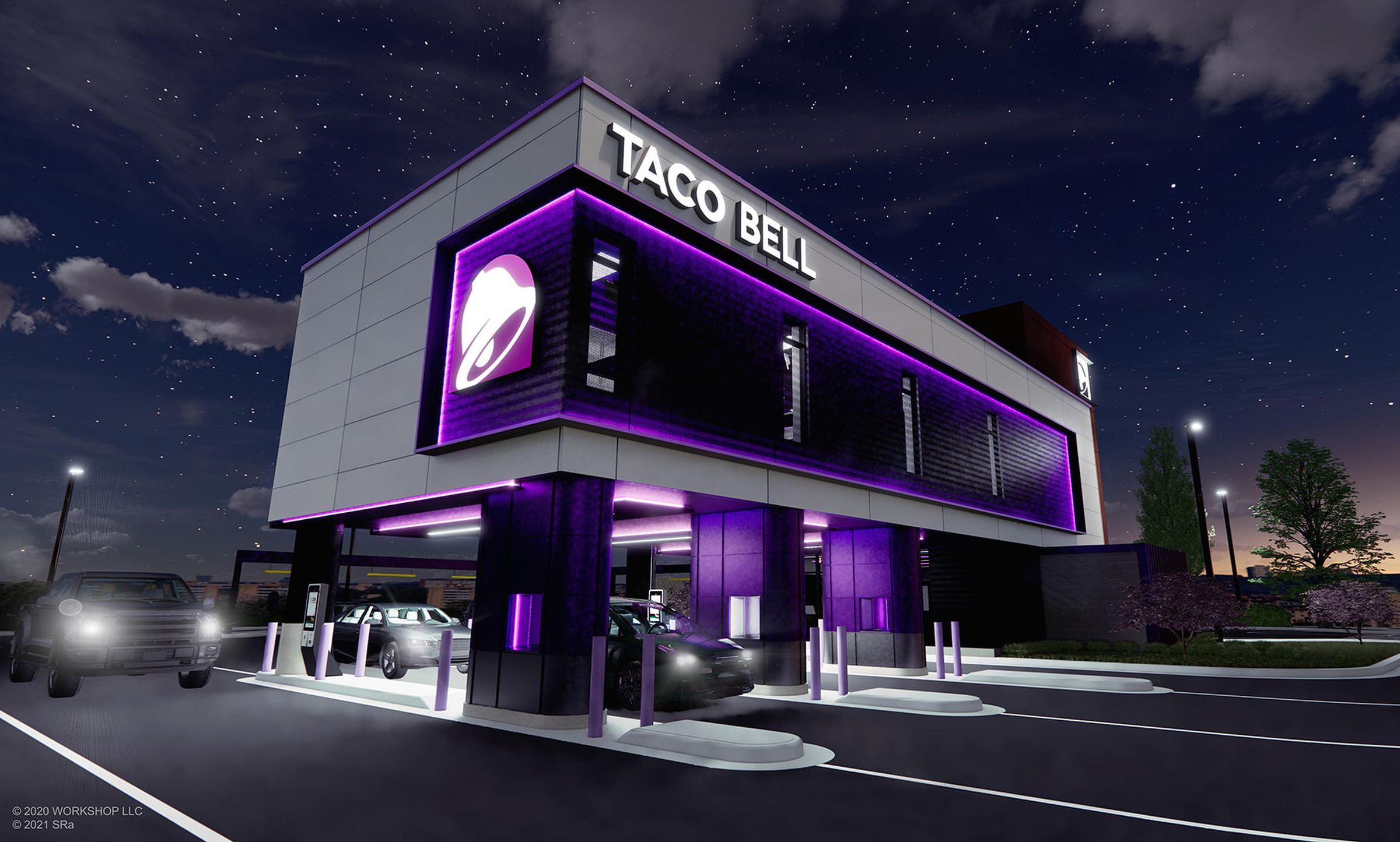 “Taco Bell Defy” has four drive-thru lanes, three for delivery services. Orders are made online.