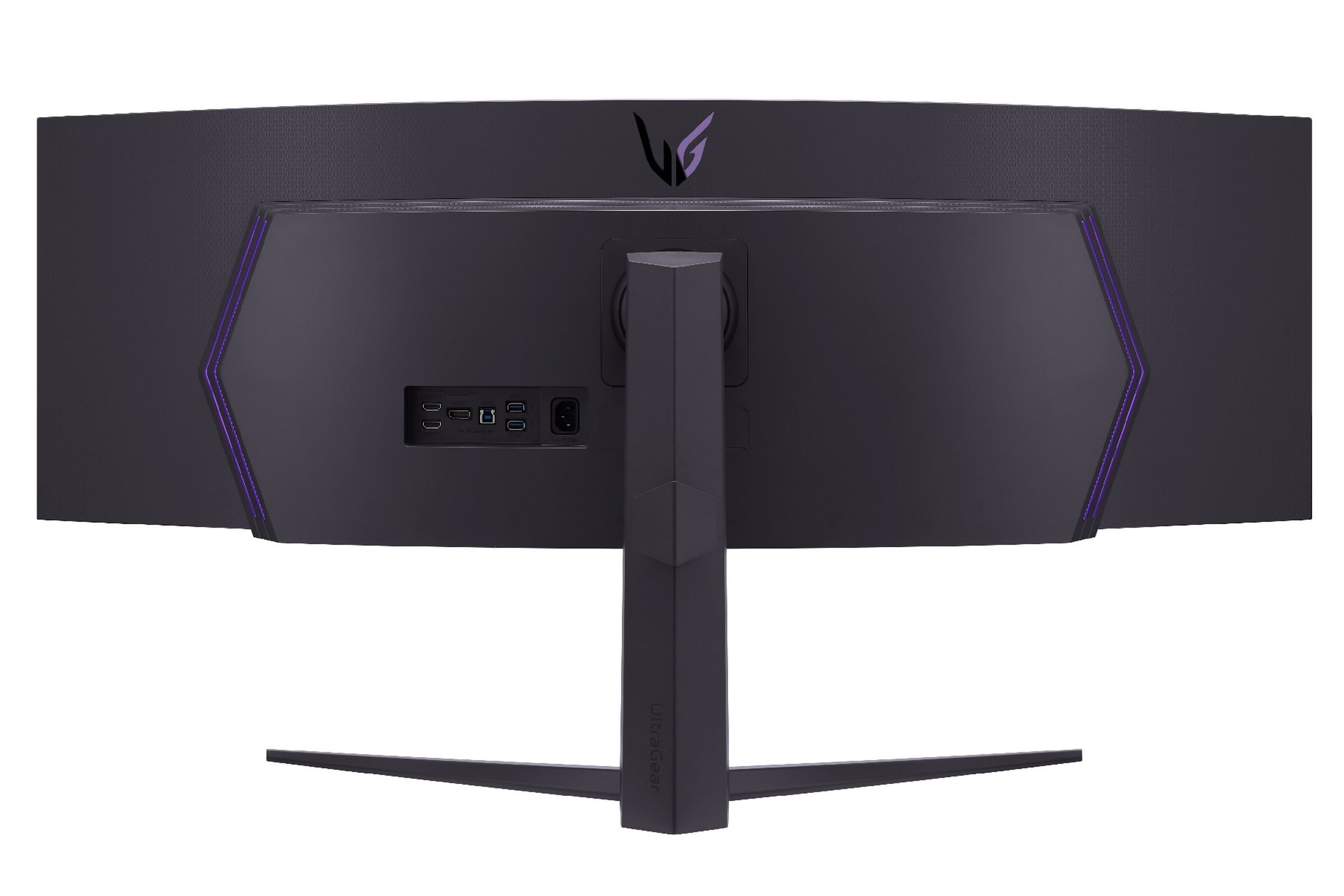 LG ultragear curved monitor rear with purple contour led strips in a bracket shape and shiny UG logo on the top.