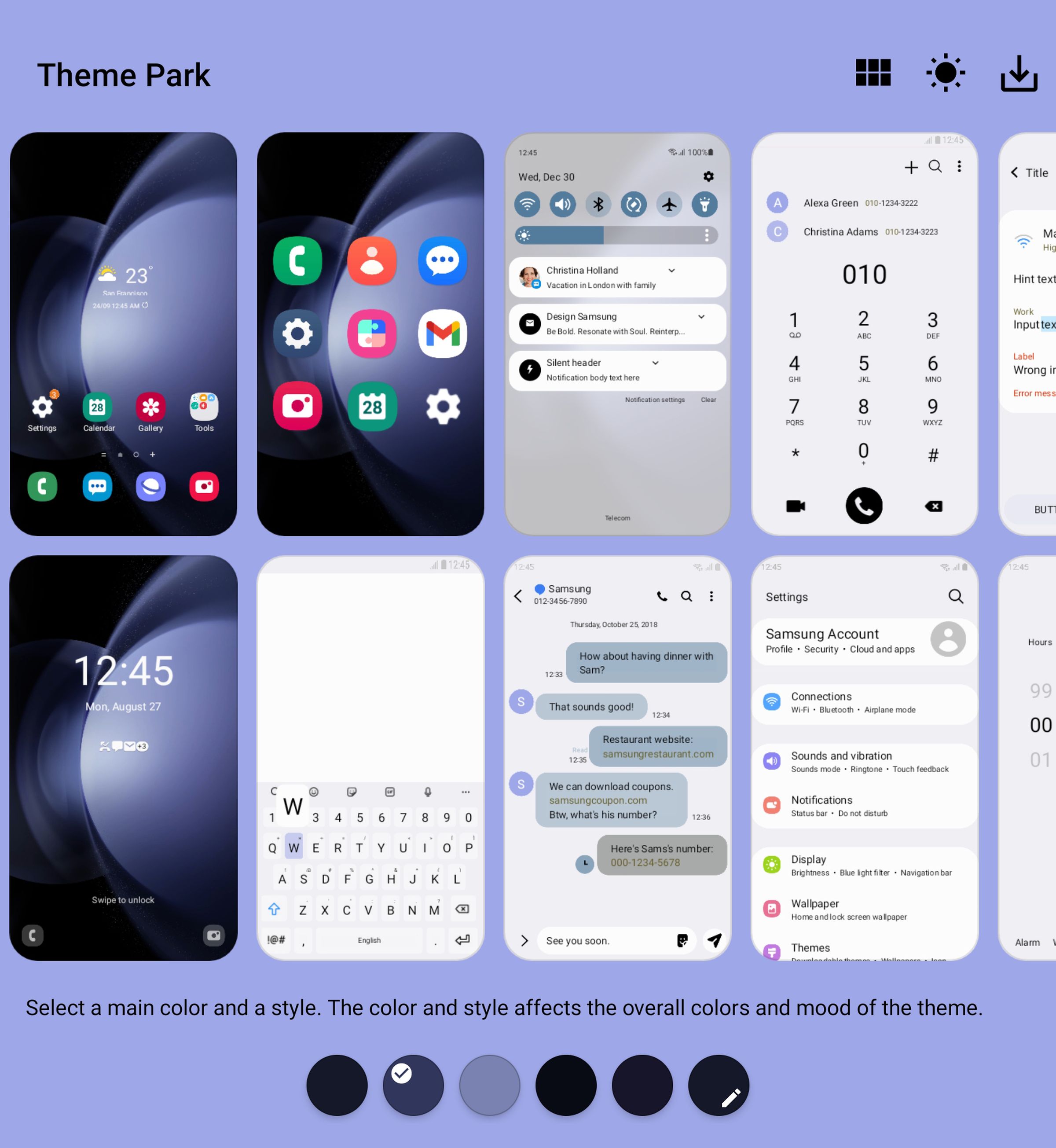 A screen full of different sample themes for a Galaxy phone.