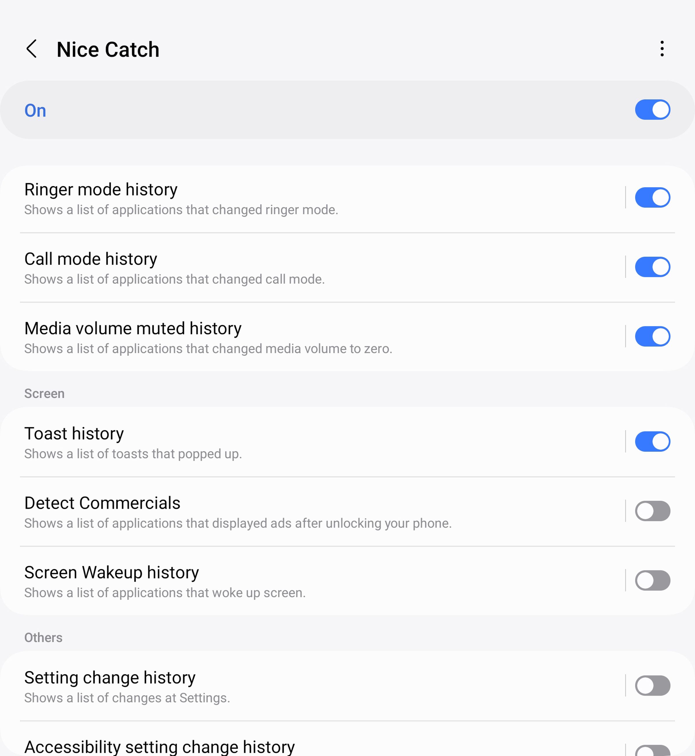 Nice Catch page with list of phone features and toggles.