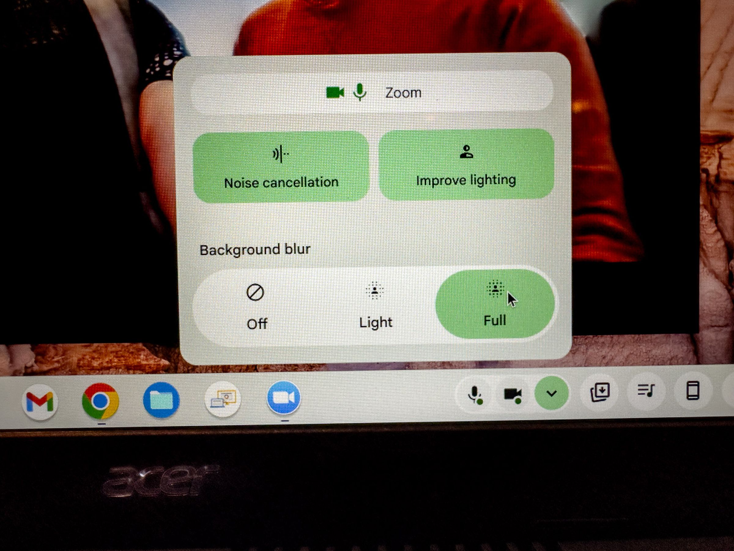 The video call settings interface on Chromebook Plus.