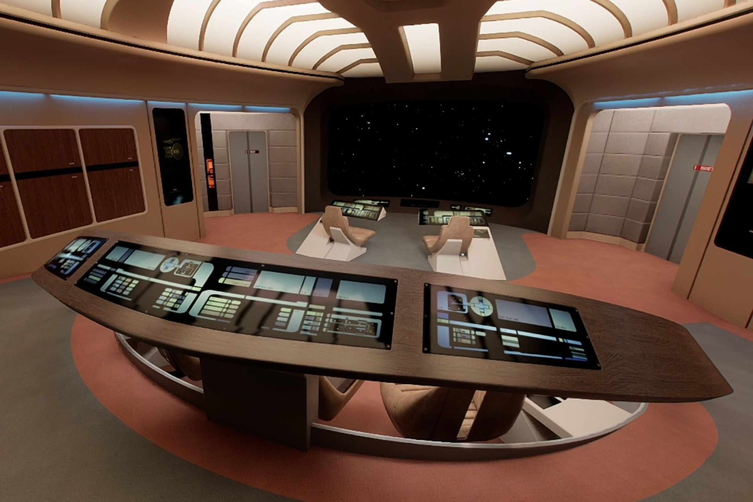 The bridge of the Enterprise D from Star Trek with its curved tactical console.
