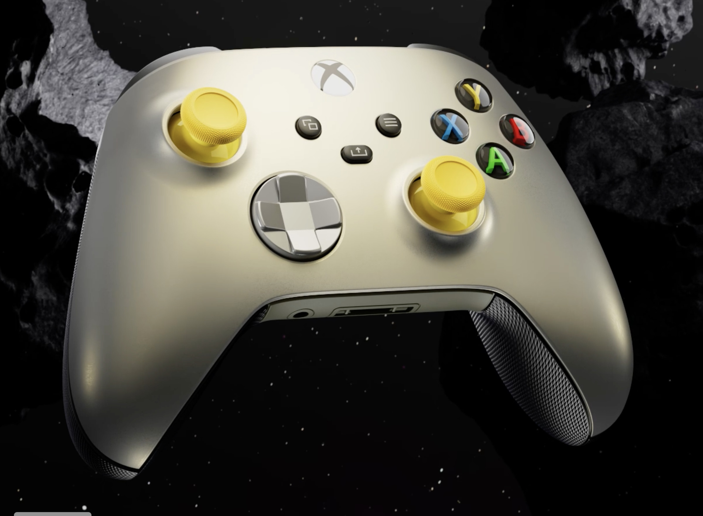 An Xbox controller sporting the golden Lunar Shift colorway.