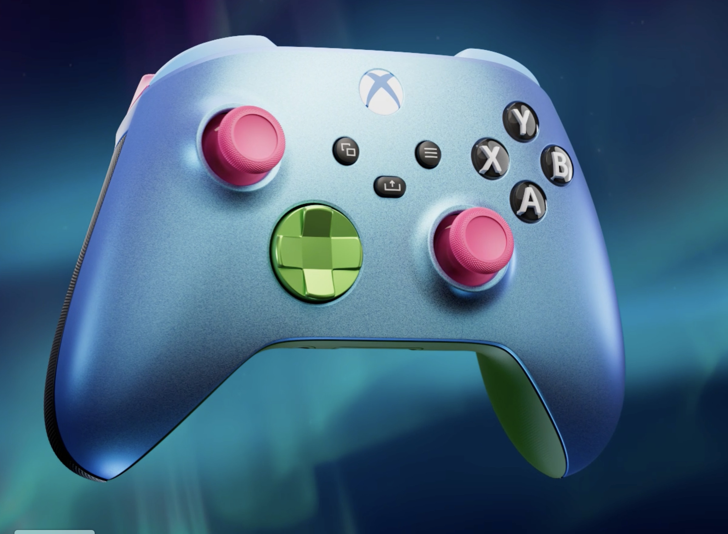 An Xbox controller sporting the Aqua Shift colorway.