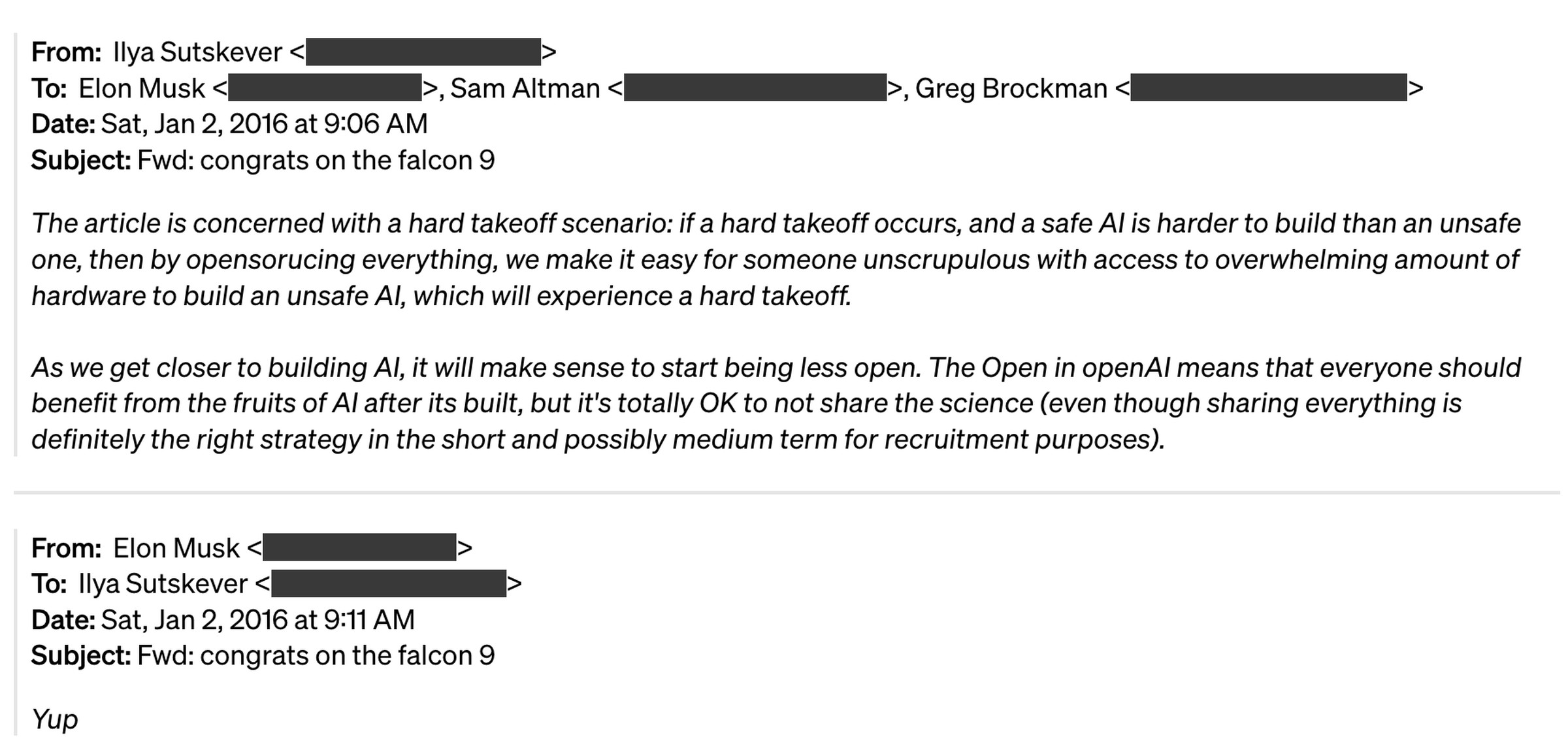 A screenshot of the email described between Musk and several OpenAI executives.