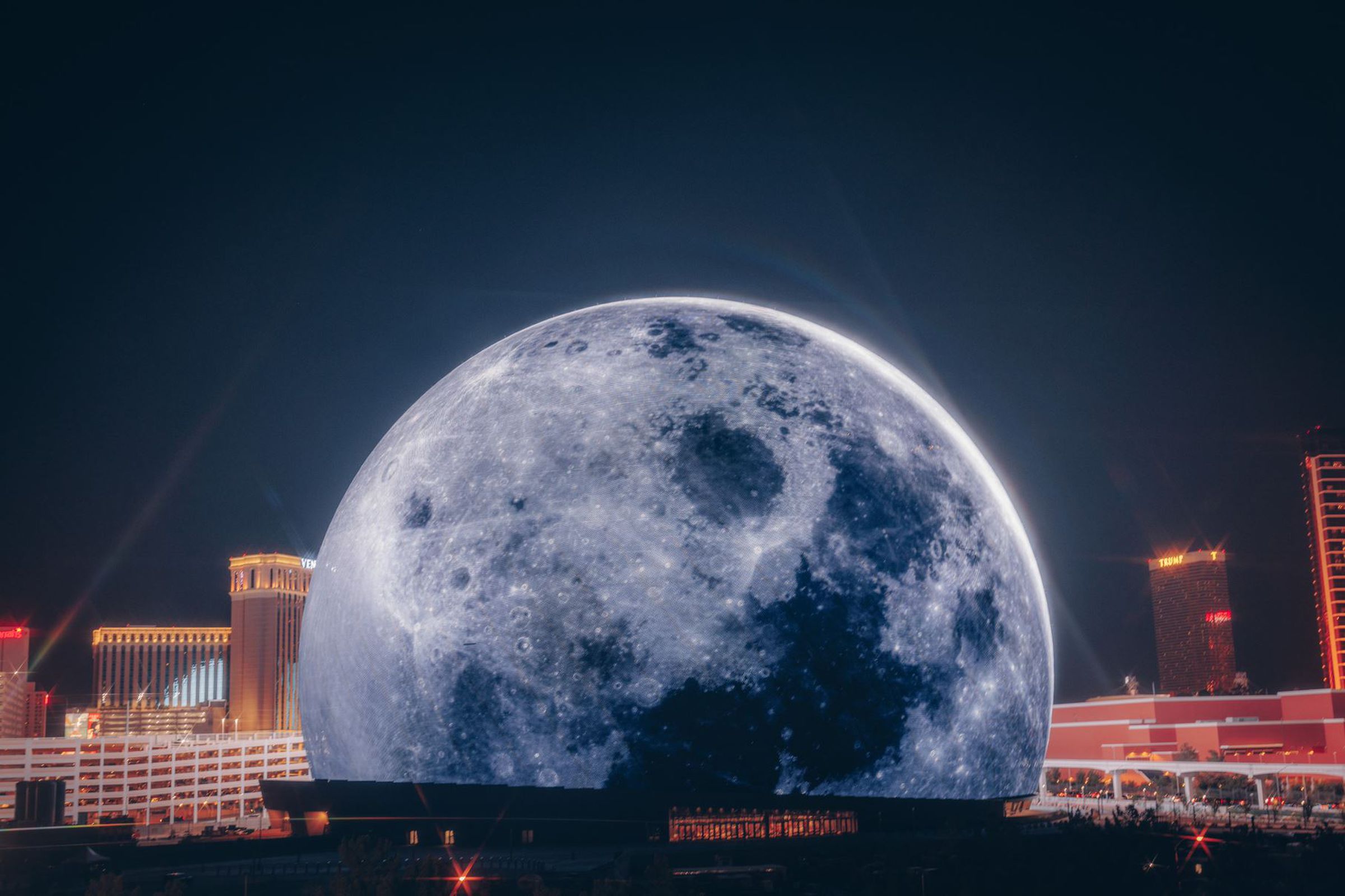 A photo showing the Sphere with a Moon exterior