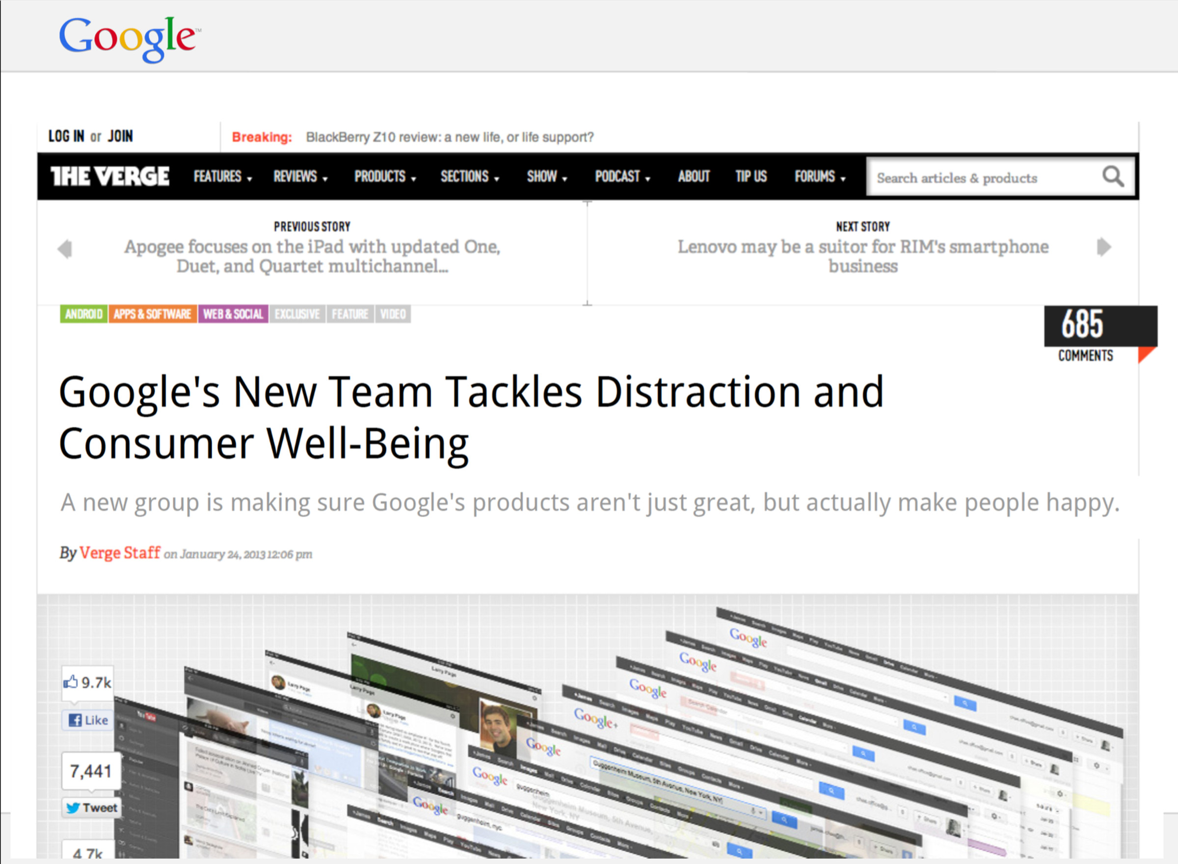 In one slide, Harris mocked up a Verge page announcing a fictional new Google team devoted to fighting distractions