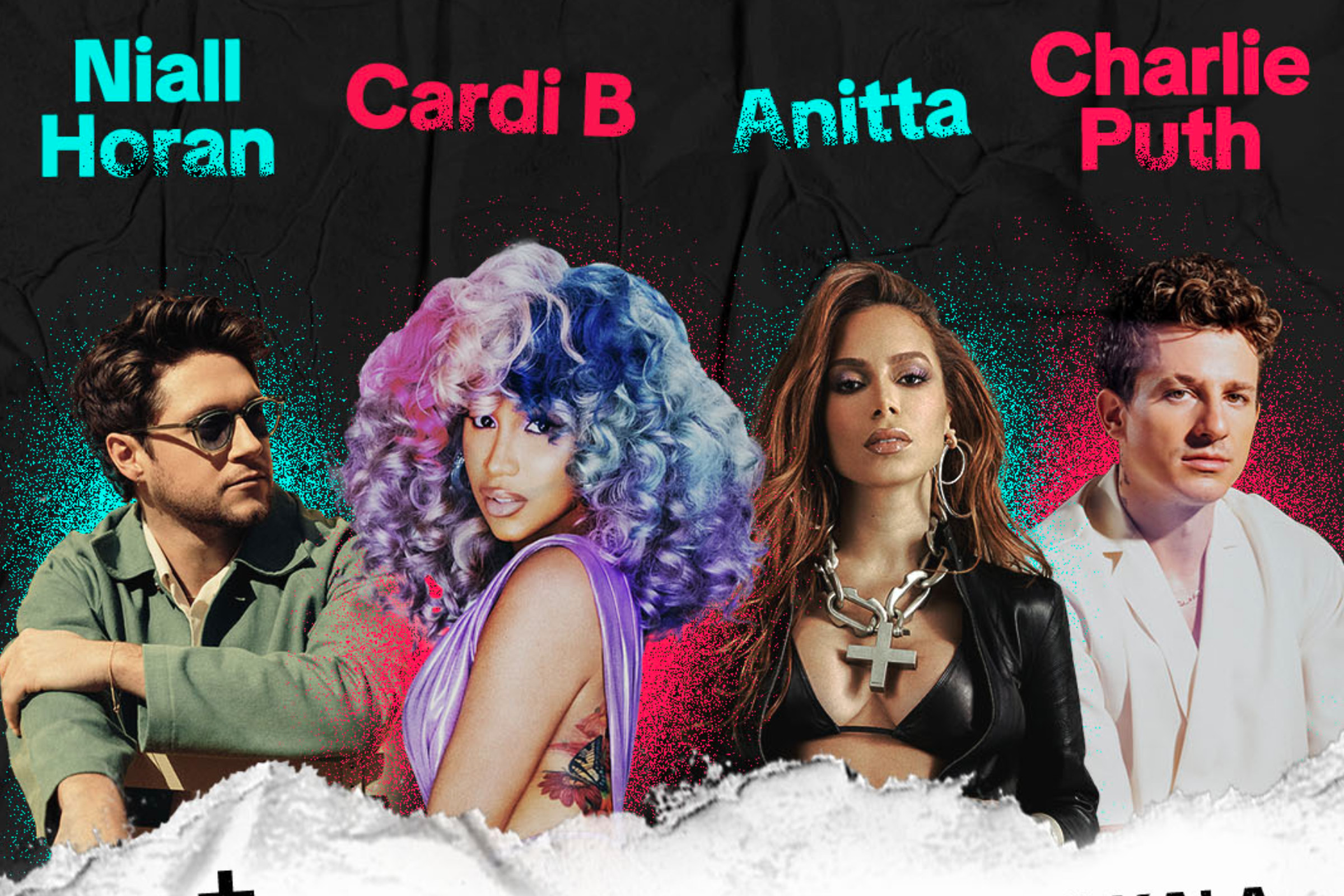 A promotional poster for the TikTok in the Mix music festival, with Niall Horan, Cardi B, Anita, and Charlie Puth showcased.
