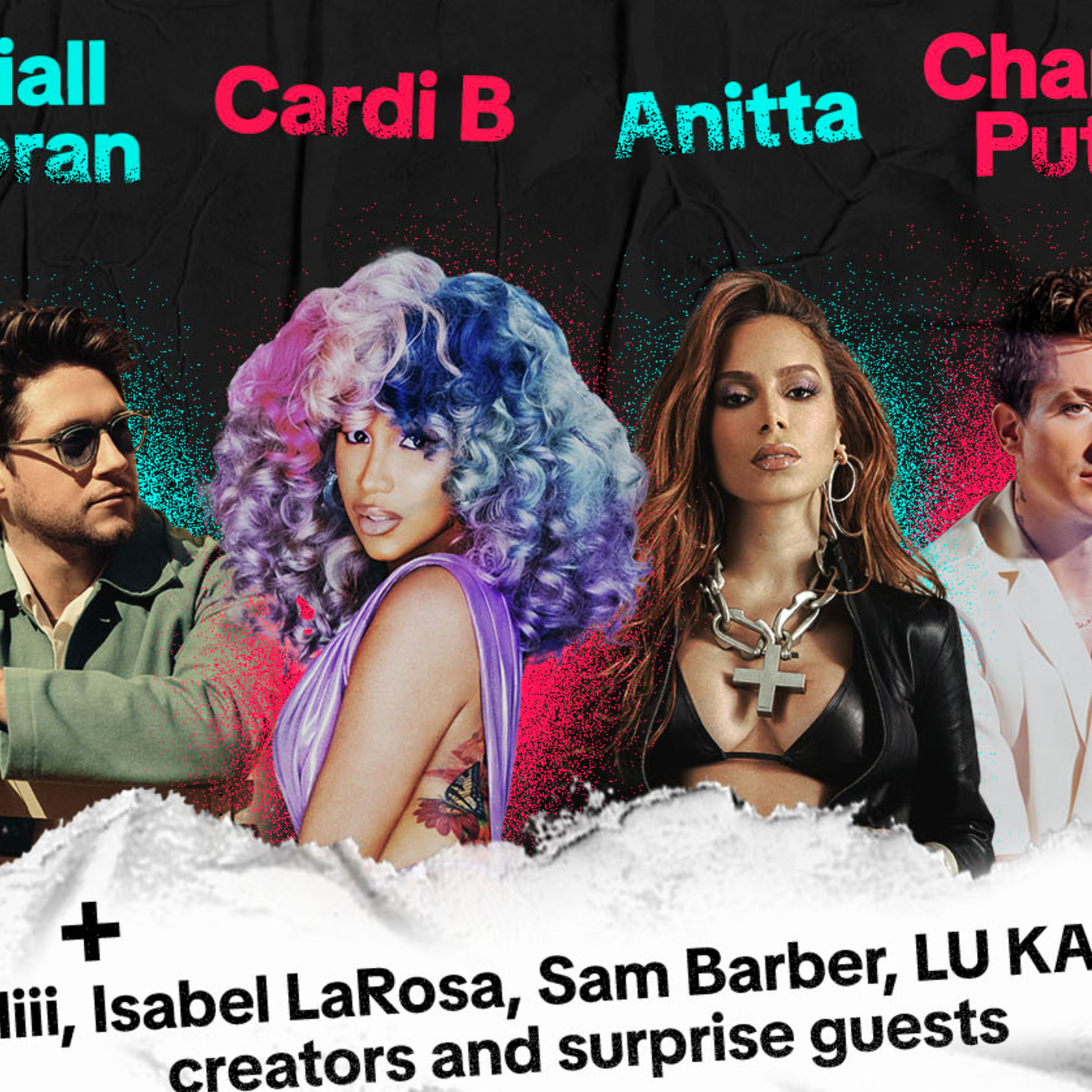 A promotional poster for the TikTok in the Mix music festival, with Niall Horan, Cardi B, Anita, and Charlie Puth showcased.