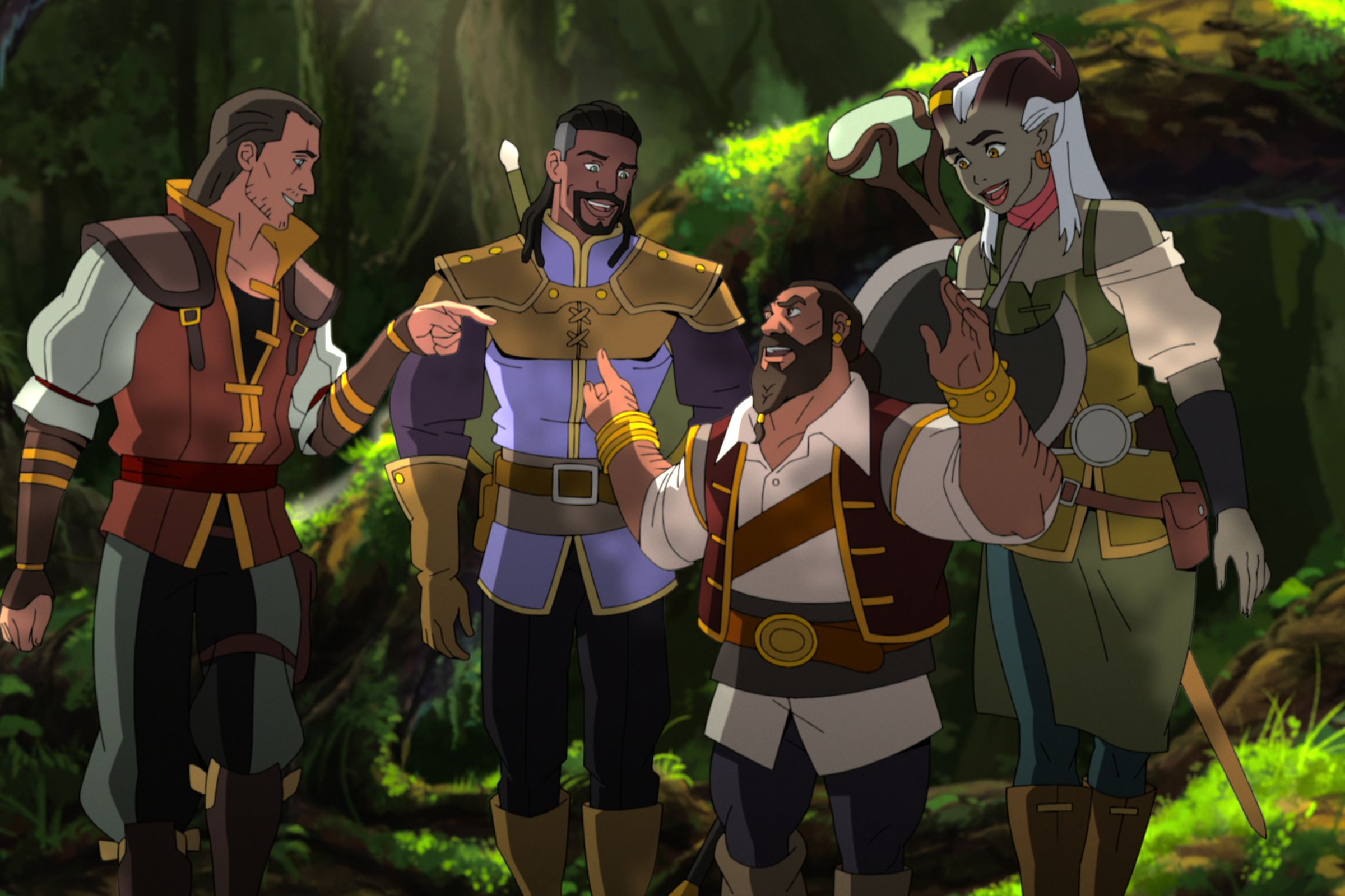 Screenshot from Dragon Age: Absolution featuring a motley crew of adventurers talking happily in a forest