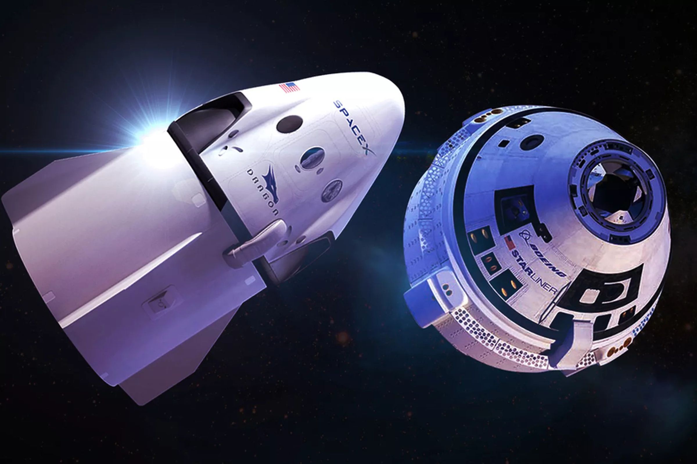 Artistic renderings of SpaceX’s Crew Dragon (L) and Boeing’s CST-100 Starliner (R).