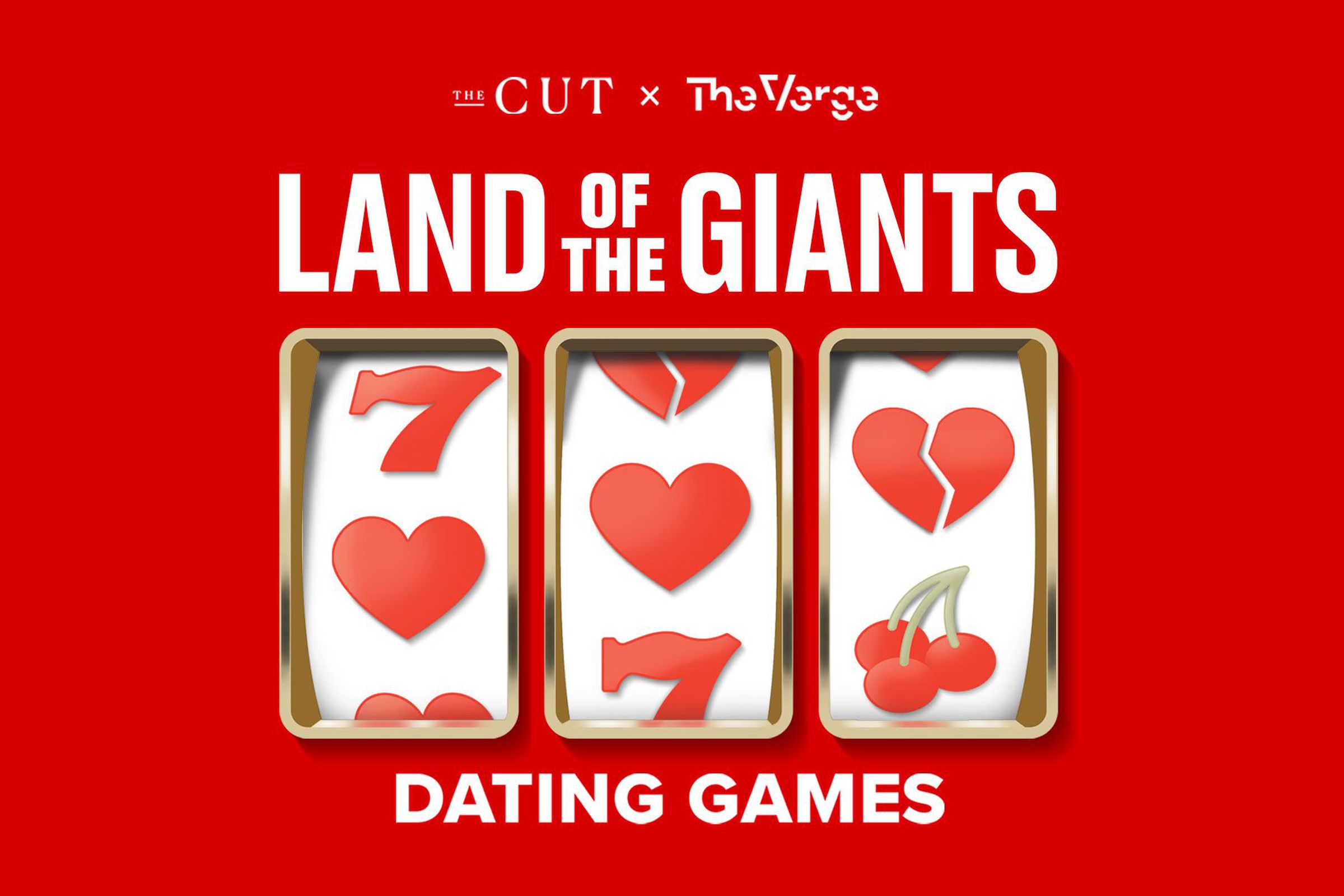 A logo for Land of the Giants: Dating Games, showing the title and imagery of a slot machine with hearts, one of which is broken.