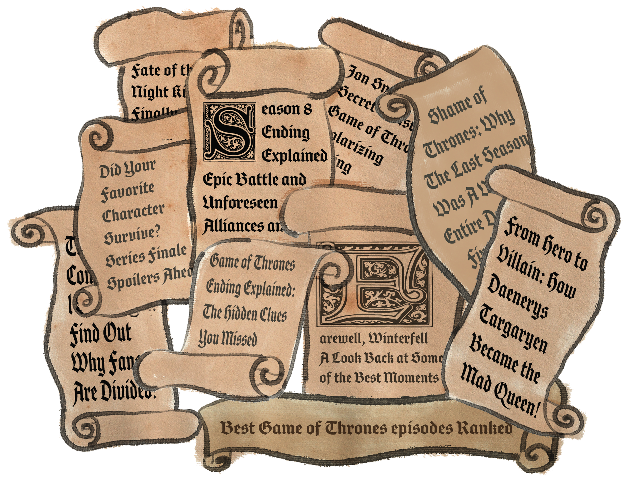 Drawing of a variety of scrolls with clickbaity Game of Thrones headlines.