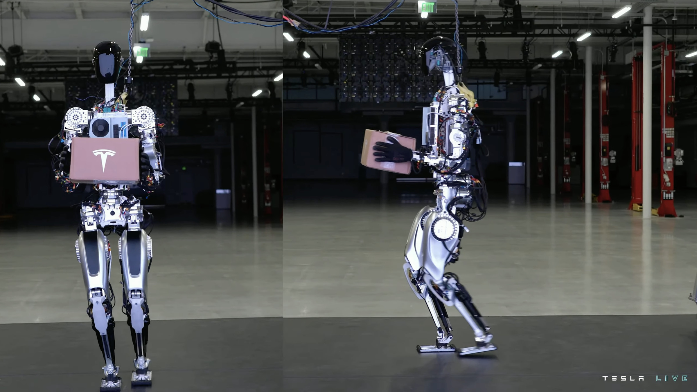Images showing a humanoid robot walking and holding a box marked with the Tesla logo.