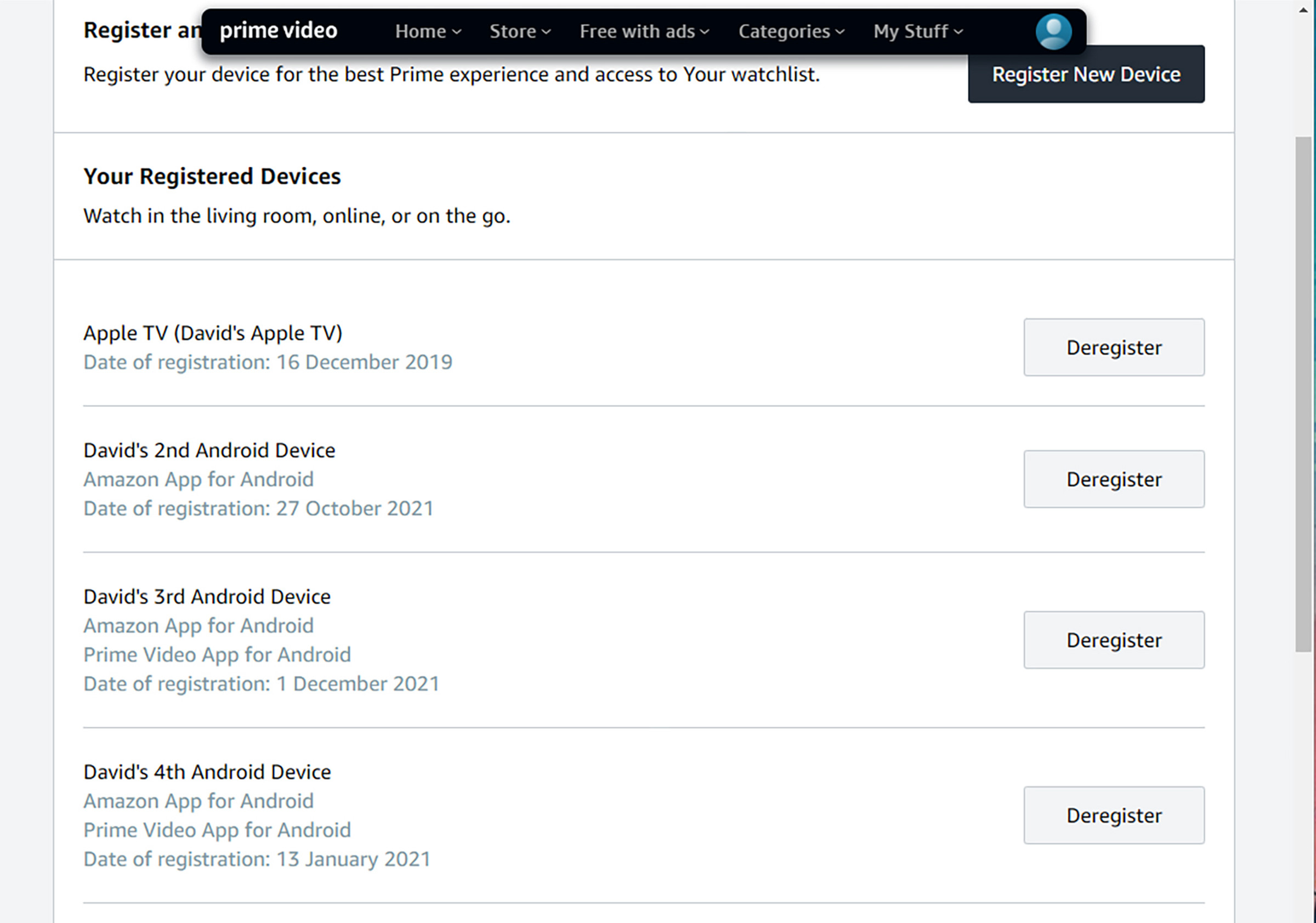 A list of devices under the heading Your Registered Devices.