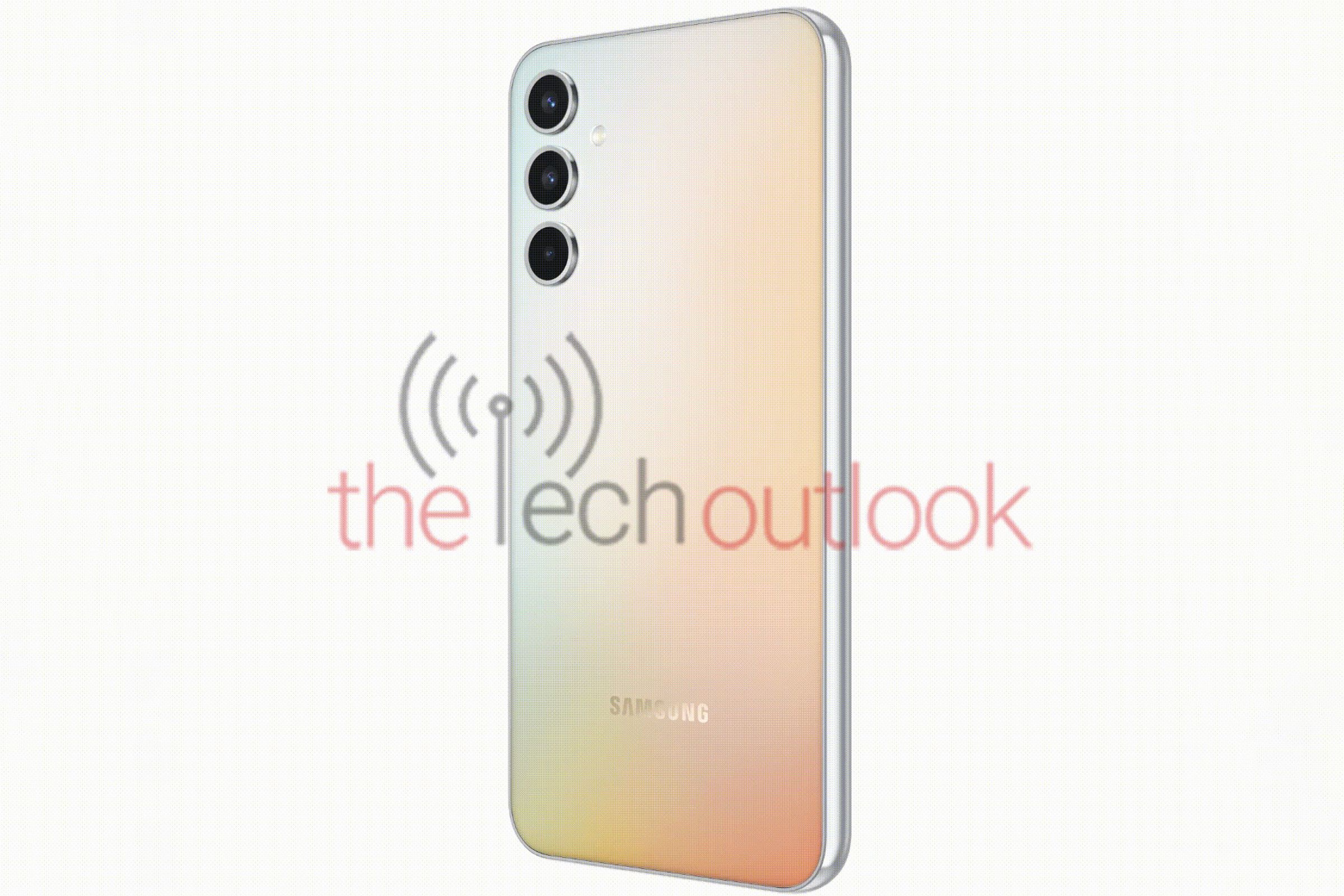 Render of Samsung A34 phone showing pearlescent back panel and triple-camera array with Tech Outlook watermark over top.