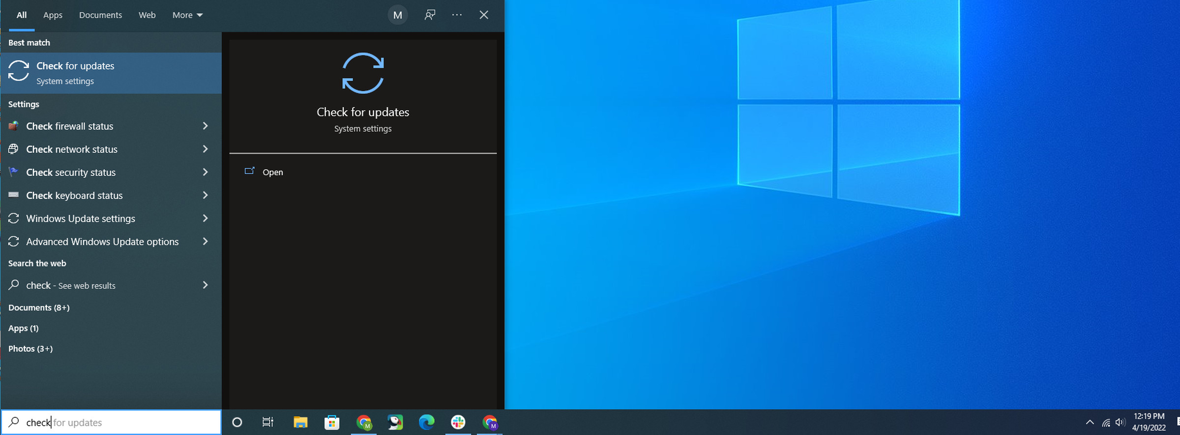 A screenshot of a Windows 10 desktop. “Check” is written in the search bar and “Check for Updates” is highlighted in the start menu.