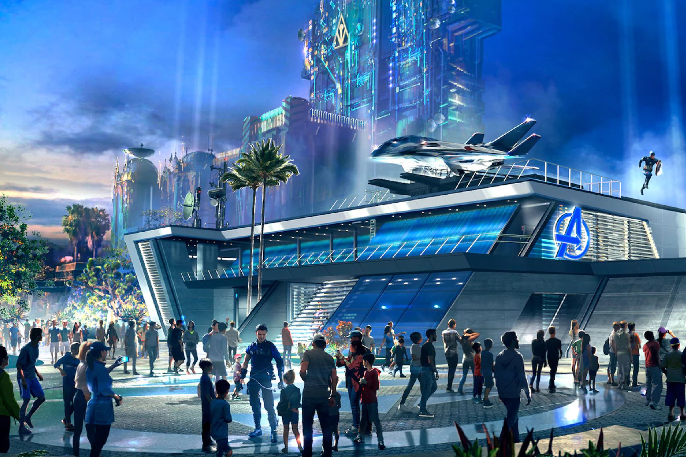 An artist’s rendering of the new Avengers headquarters at Disney California Adventure