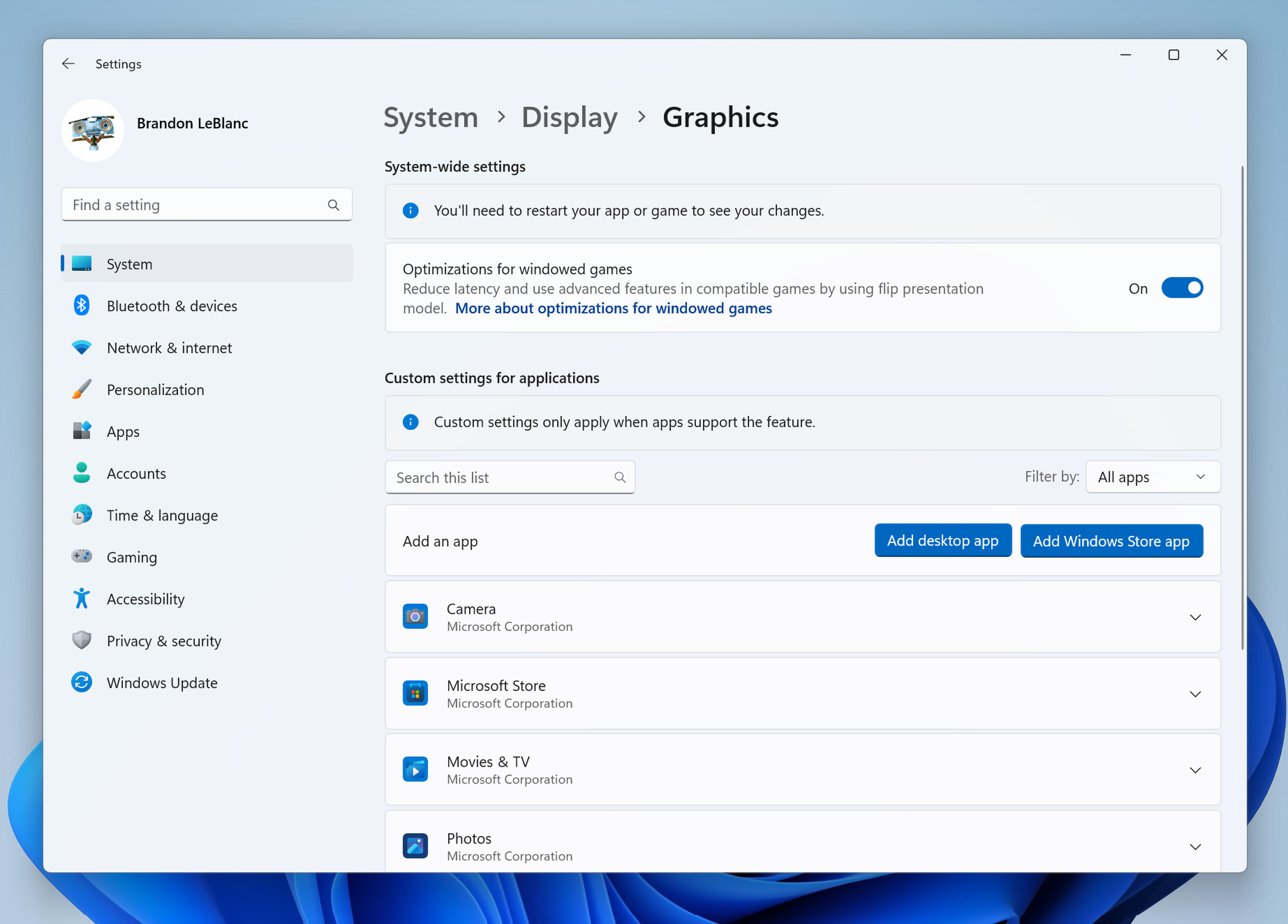 La nueva página de configuración de gráficos en Windows 11.