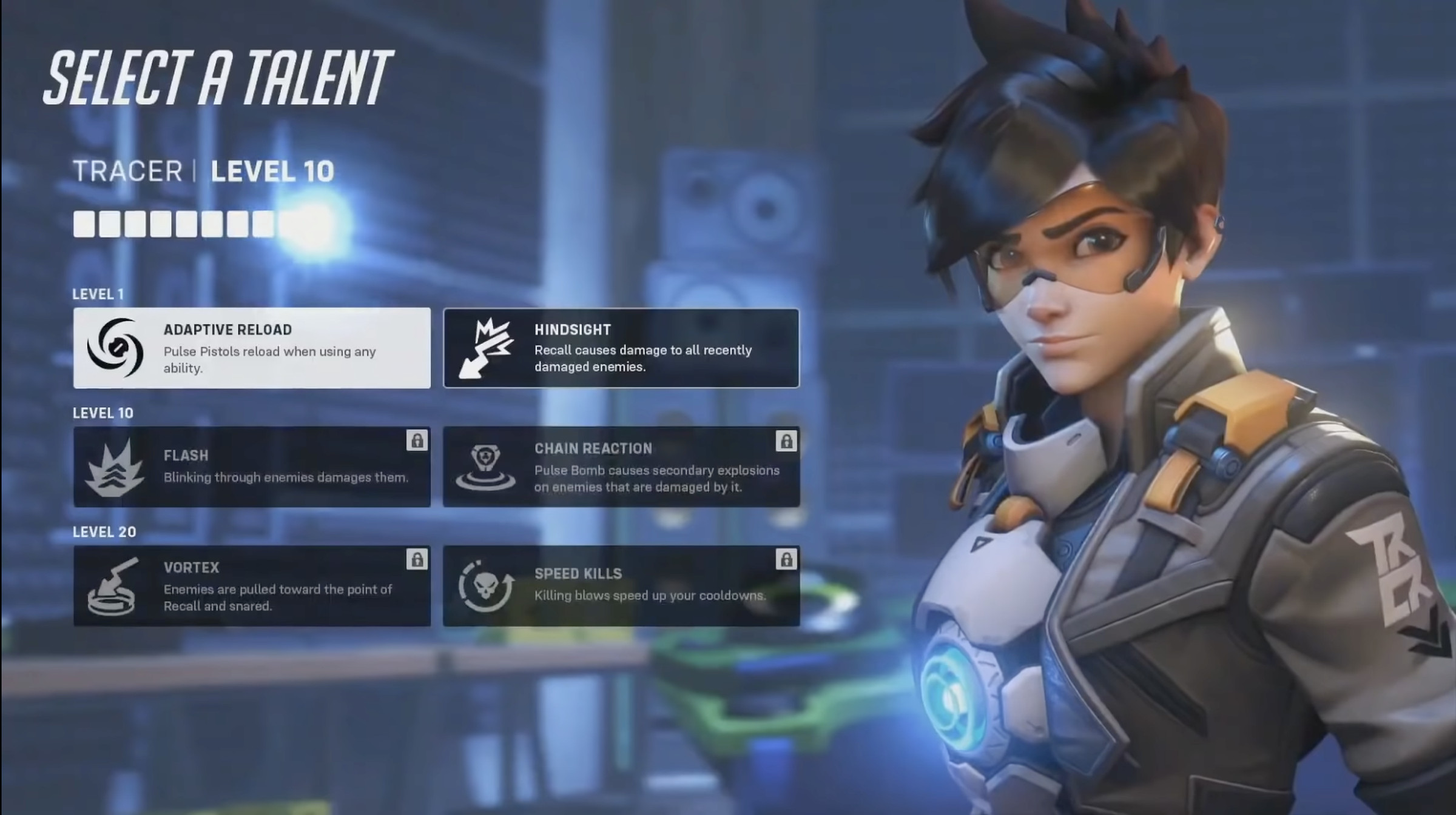Screenshot from Overwatch 2’s Blizzcon 2019 presentation featuring the hero Tracer and talents used to modify her abilities