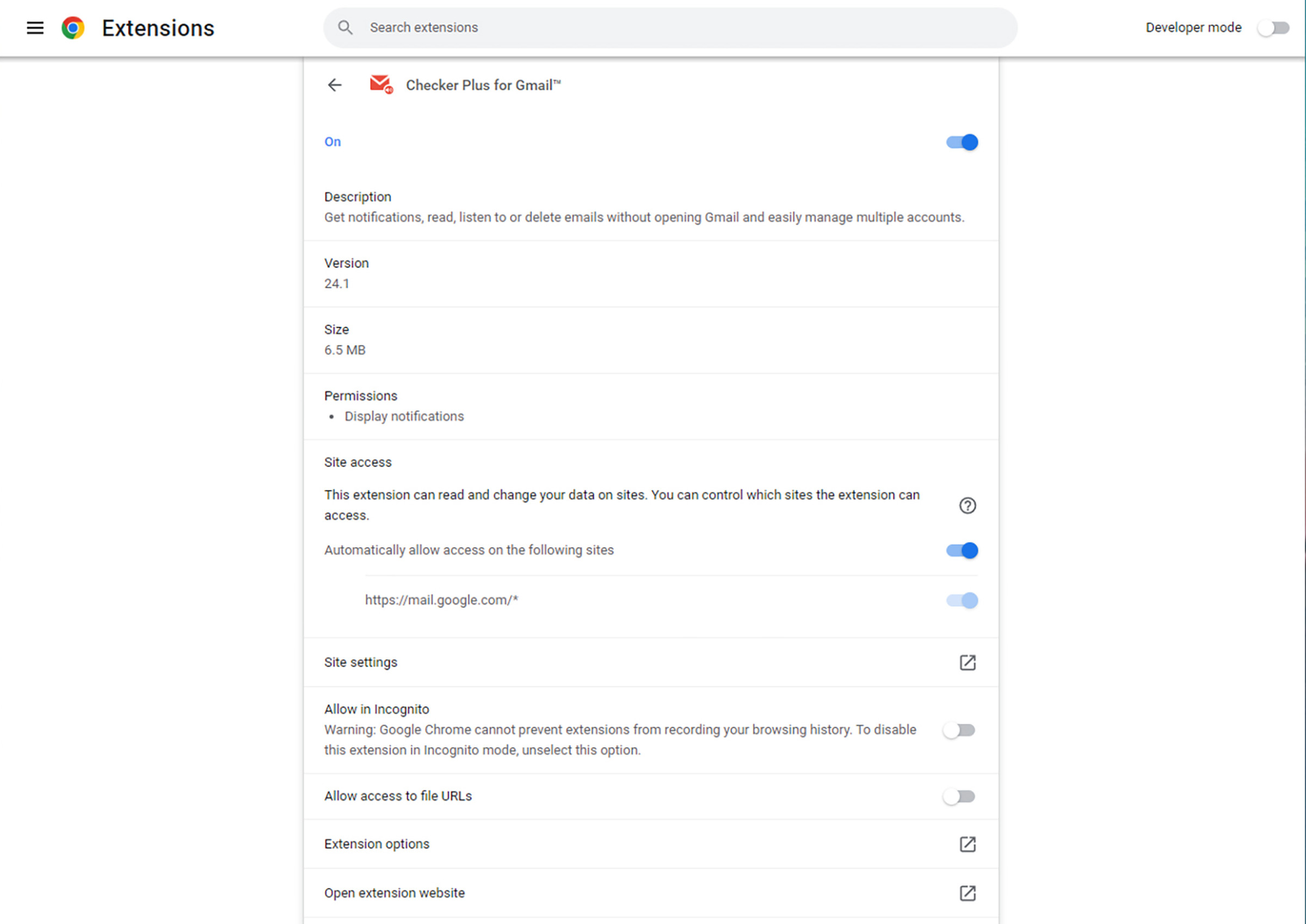 Page headed Extensions with information about the extention Checker Plus for Gmail.