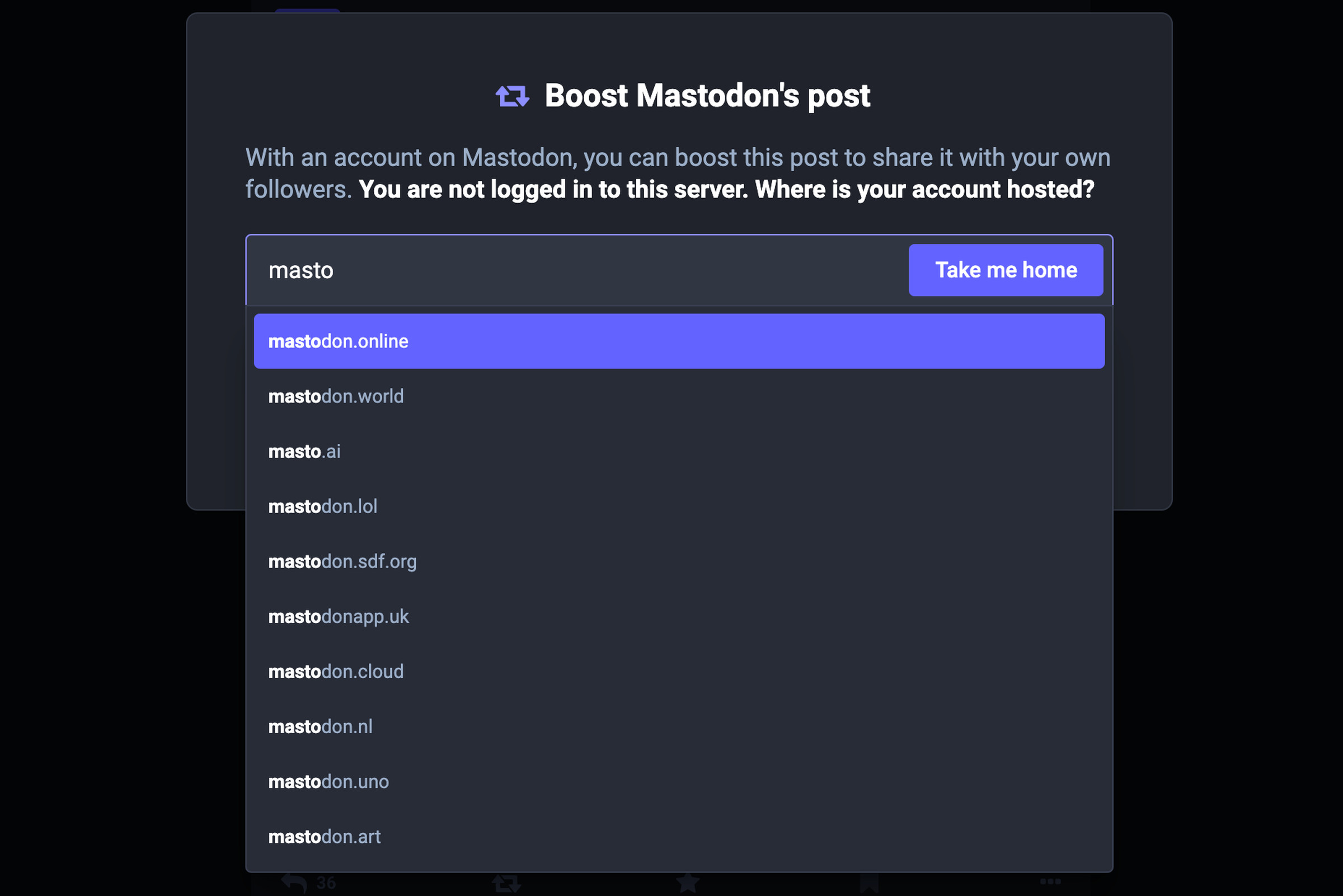 A popup for engaging with a post in a logged-out instance, prompting you to select your instance from a dialog box with autocomplete. The drop-down menu shows a large selection of instances containing the text “masto”