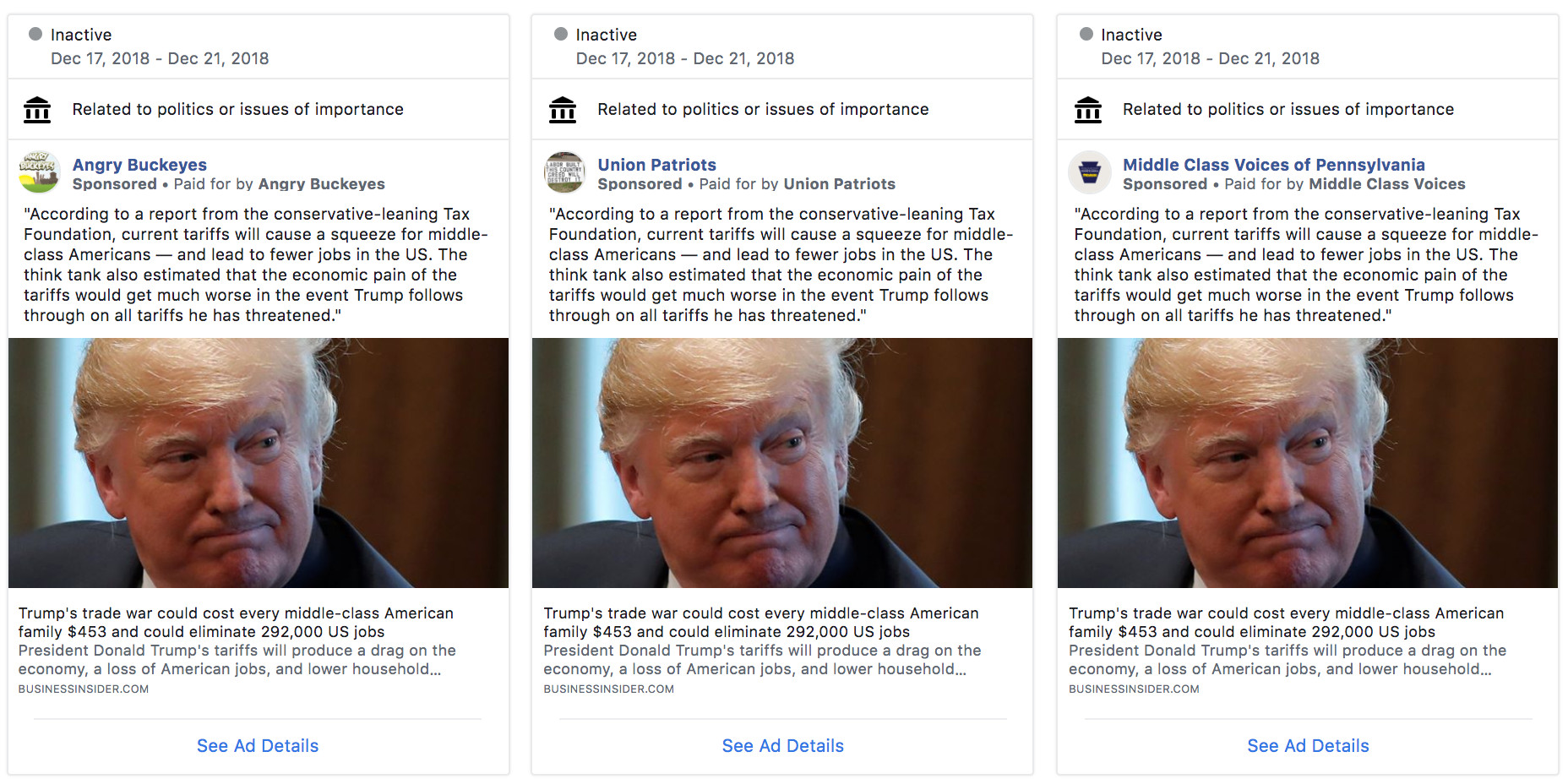 Three identical Facebook ads from different Pages