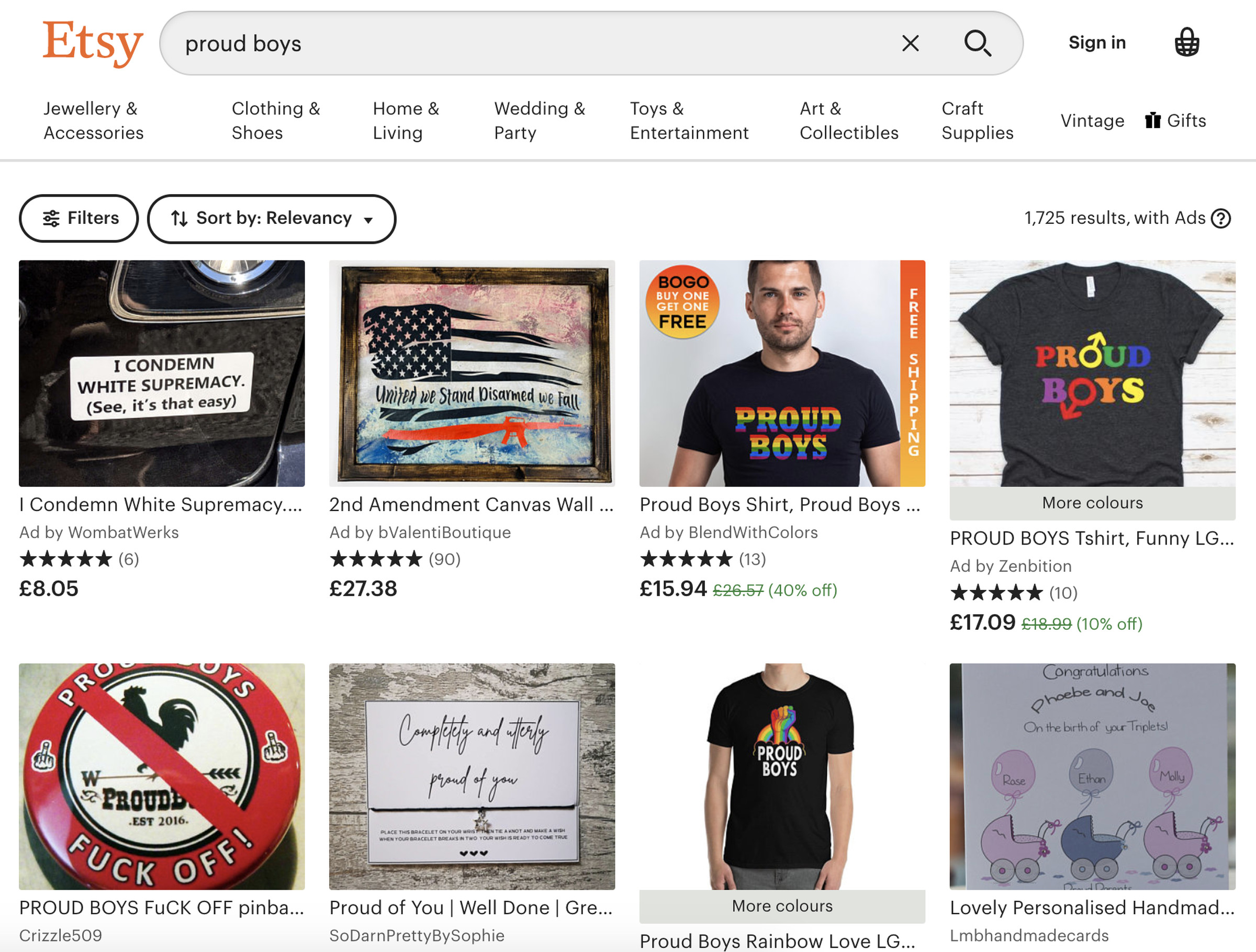 Searching for “proud boys” on Etsy now reveals mostly merchandise condemning the group or reclaiming the organization’s name. 