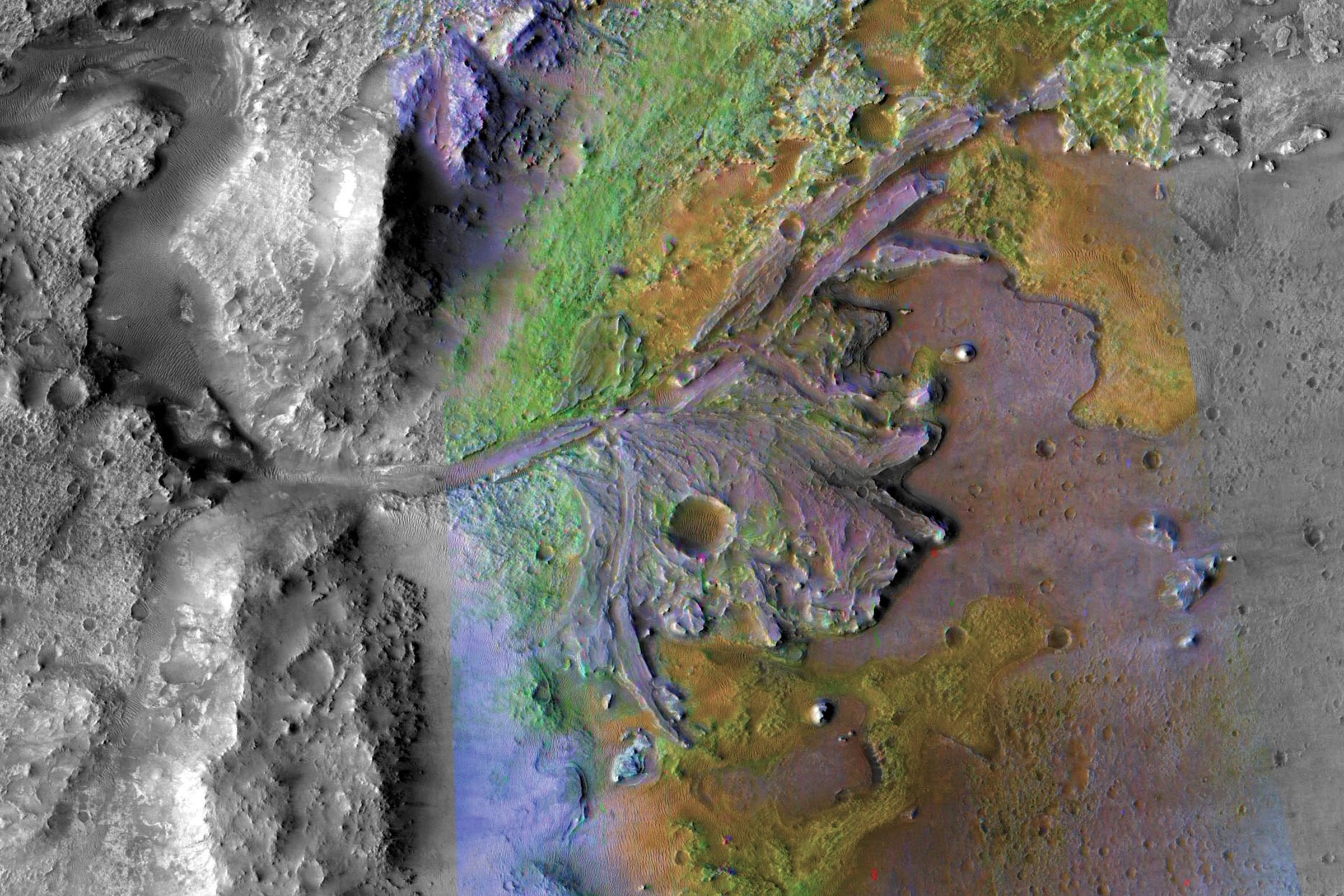 An image of Jezero Crater, made with data collected by two instruments on NASA’s Mars Reconnaissance Orbiter, currently in orbit around Mars