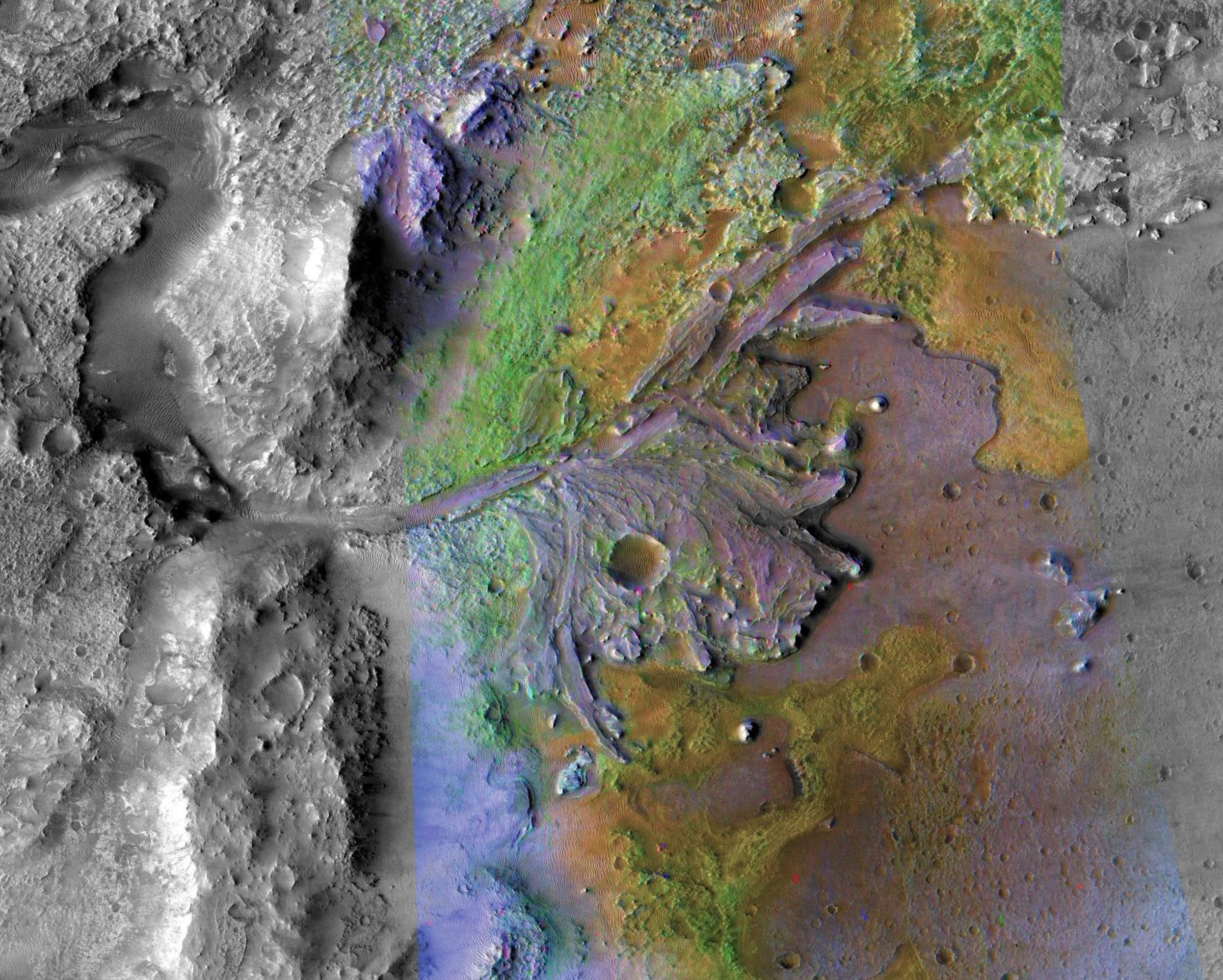 A false color image of Jezero Crater, as seen from above from NASA’s Mars Reconnaissance Orbiter
