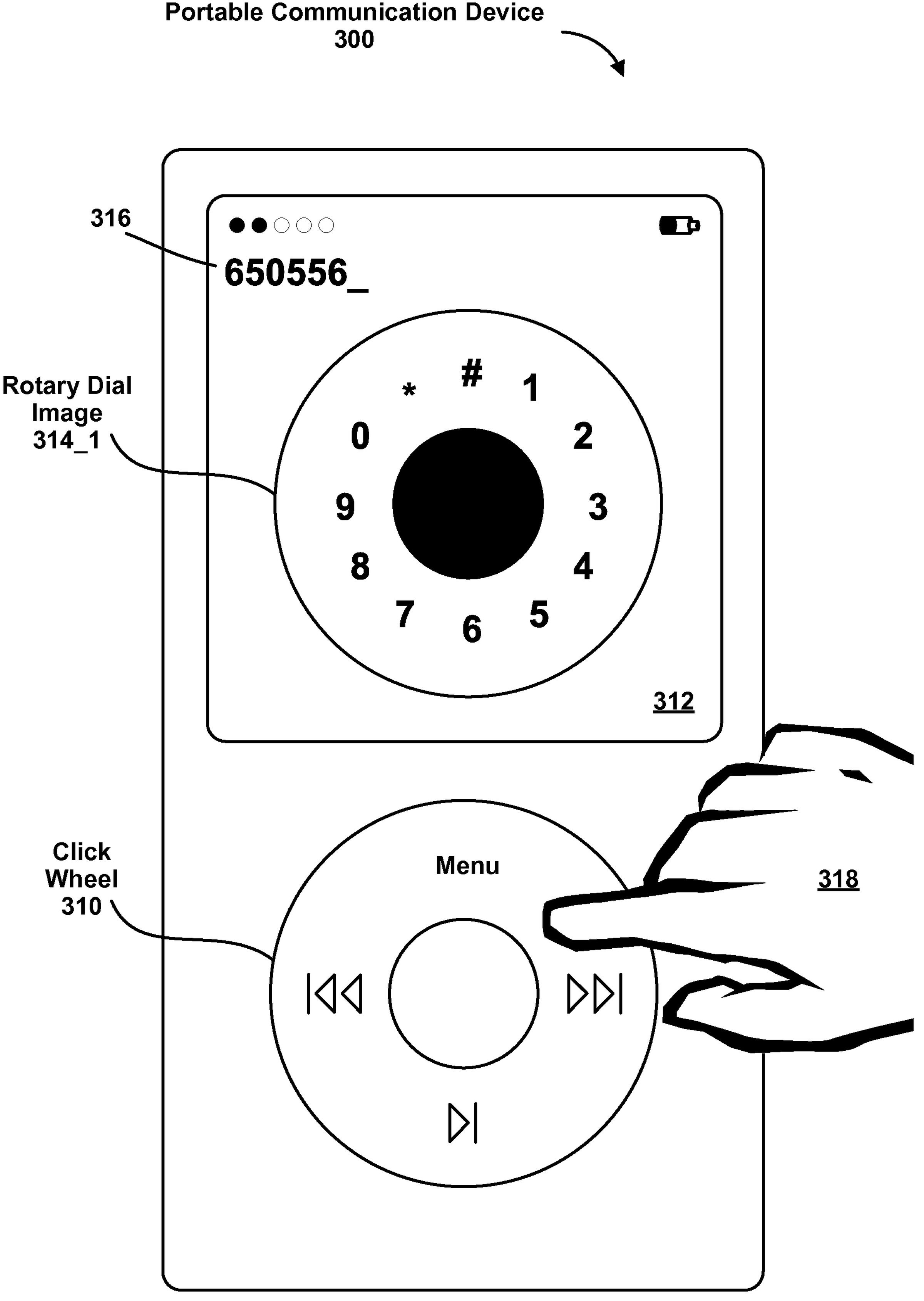 From an Apple patent application filed in 2006 for a rotary phone-style dial within an iPod.