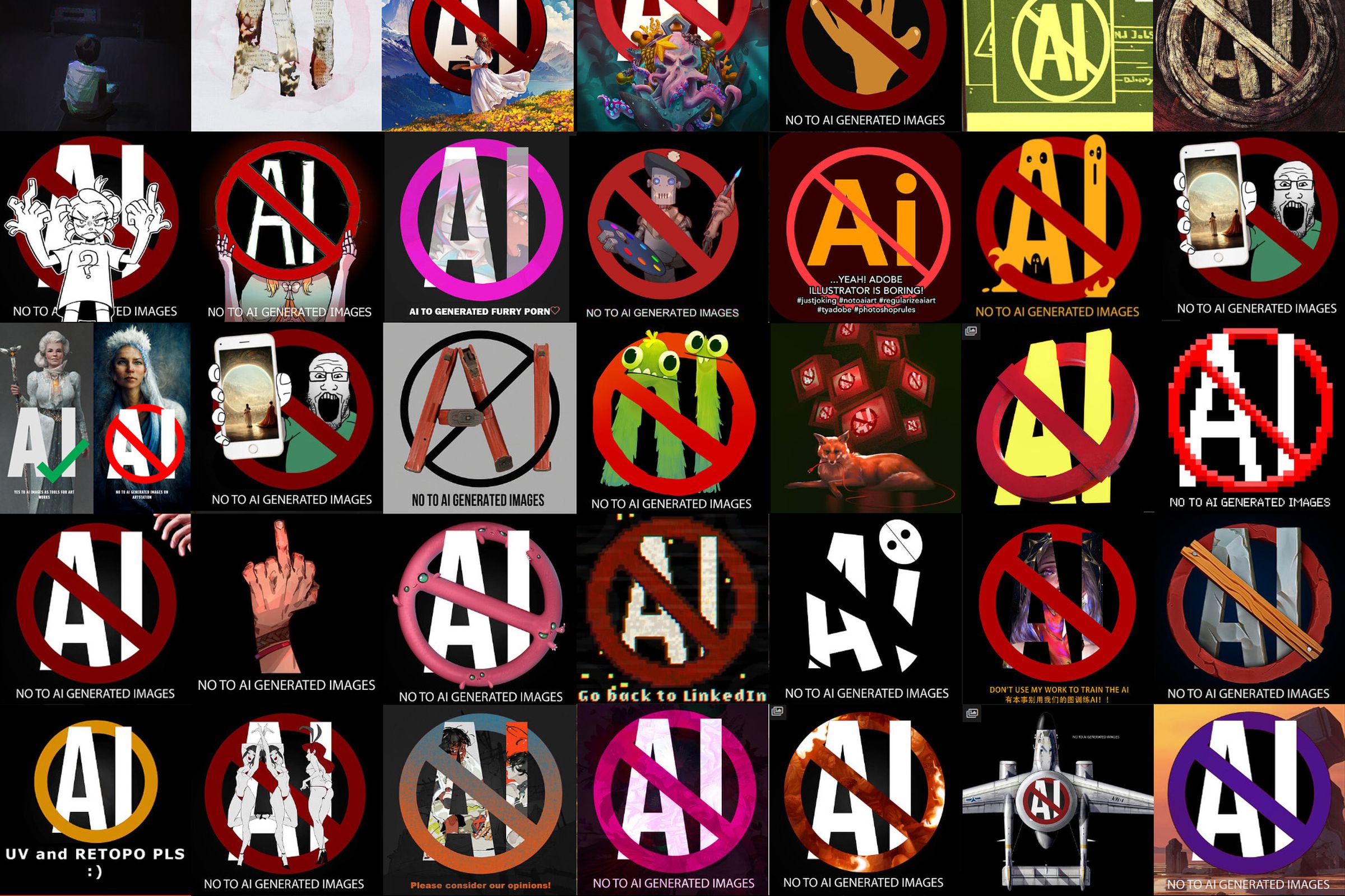 Multiple images protesting AI artwork on ArtStation. The images show the word “AI” with a cross over it, in a variety of styles.