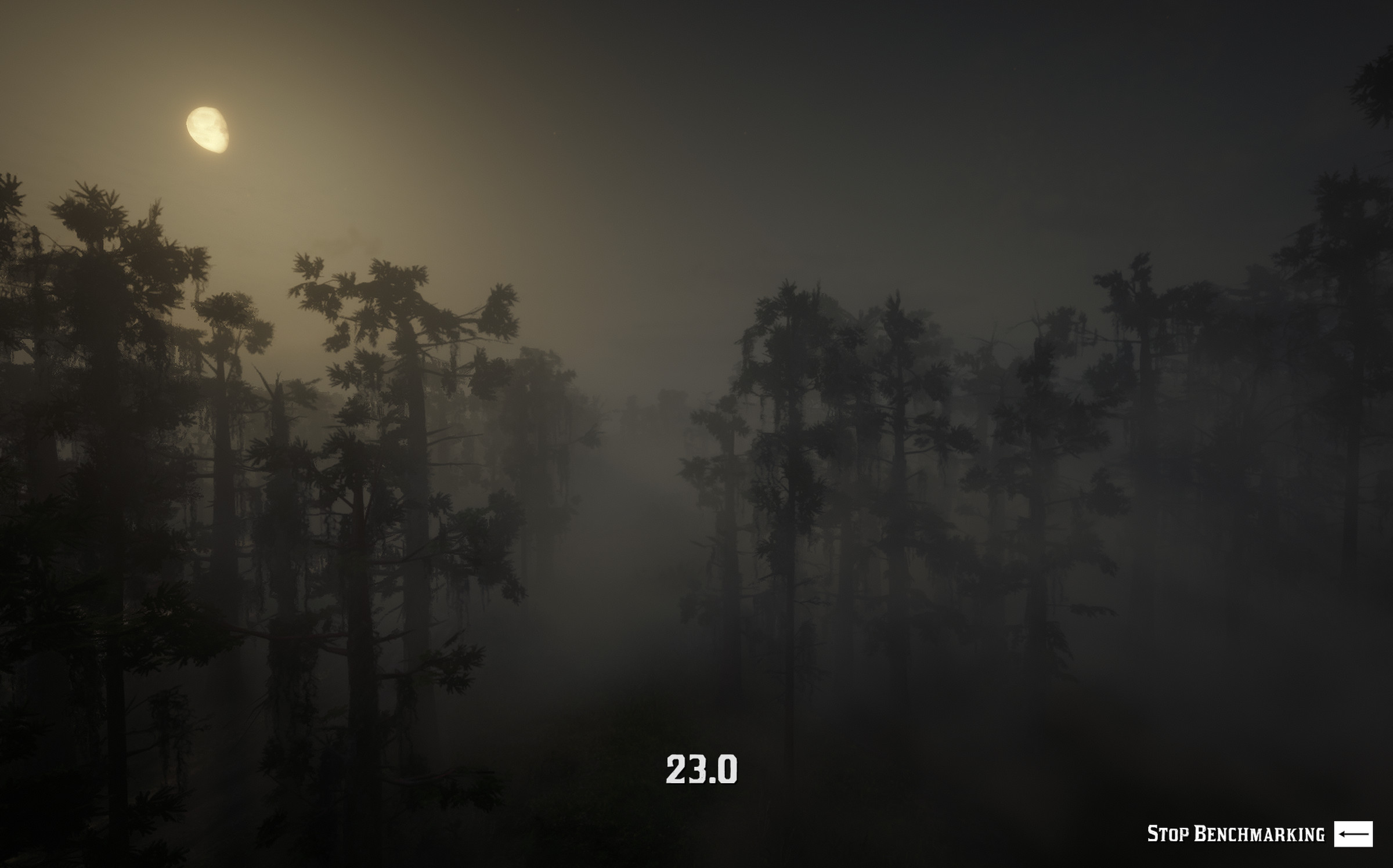 A screenshot of the Red Dead Redemption 2 benchmark running at 23 frames per second.