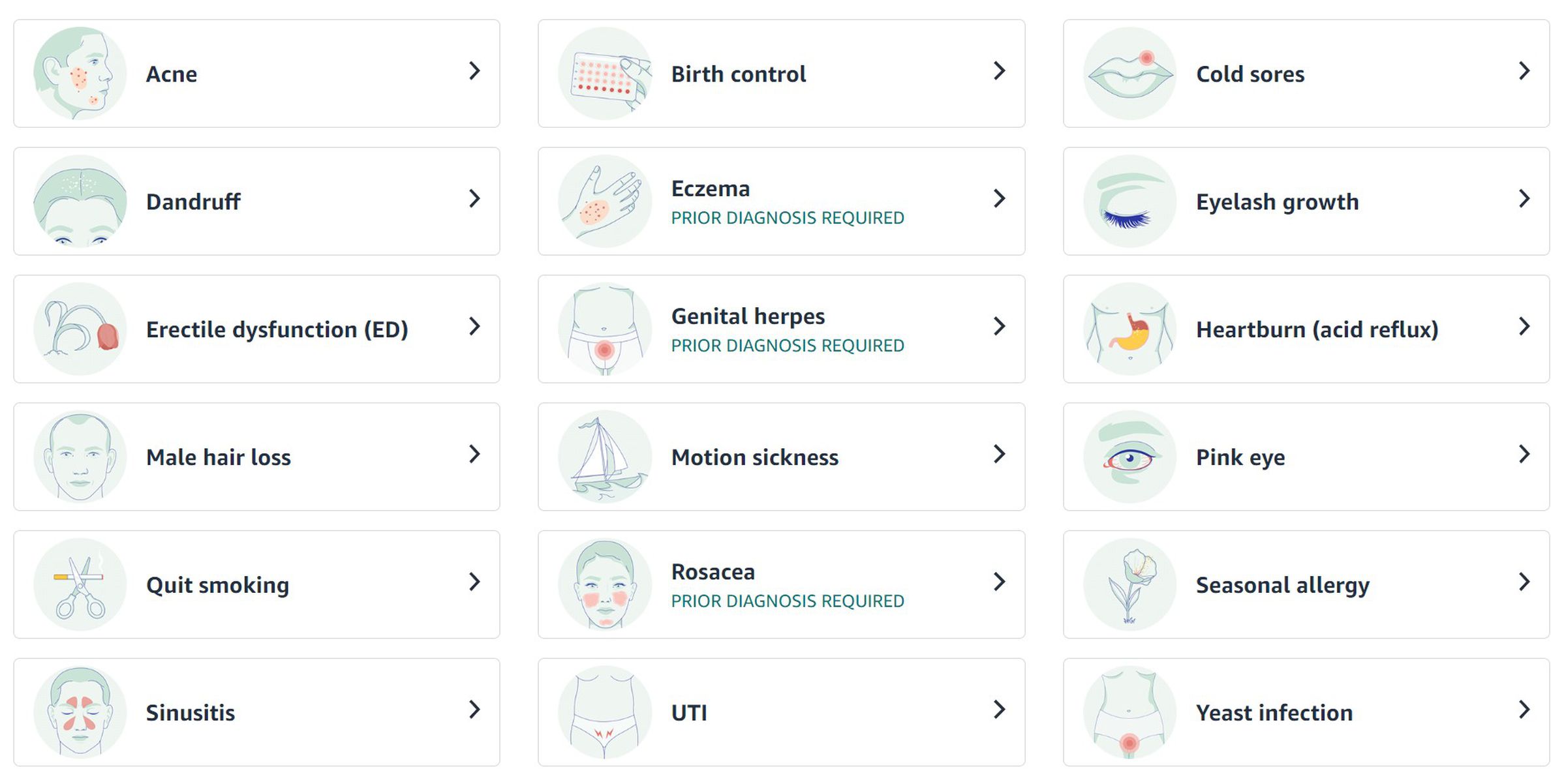 A screengrab of common conditions that can be treated through the Amazon Clinic healthcare service, including allergies, dandruff, hair loss, birth control, erectile dysfunction, and acne.